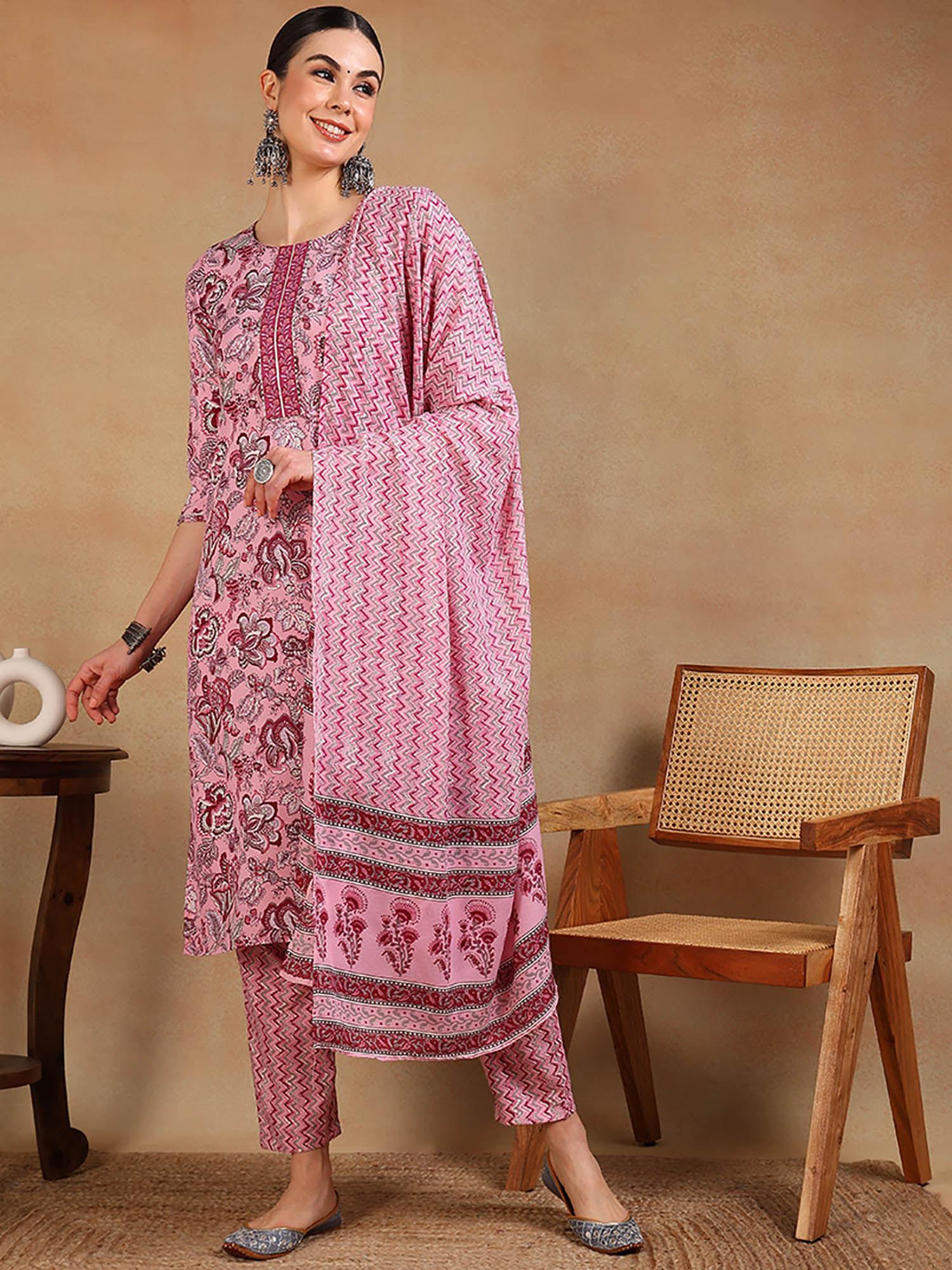 women pink rayon blend floral printed straight kurta pants with dupatta (set of 3)