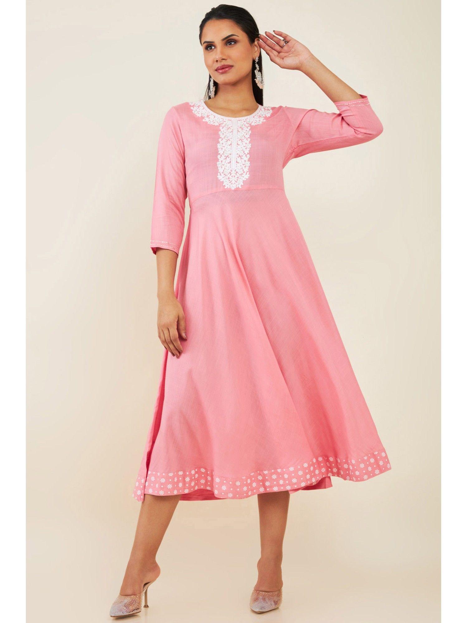 women pink rayon embroidered dress kurta