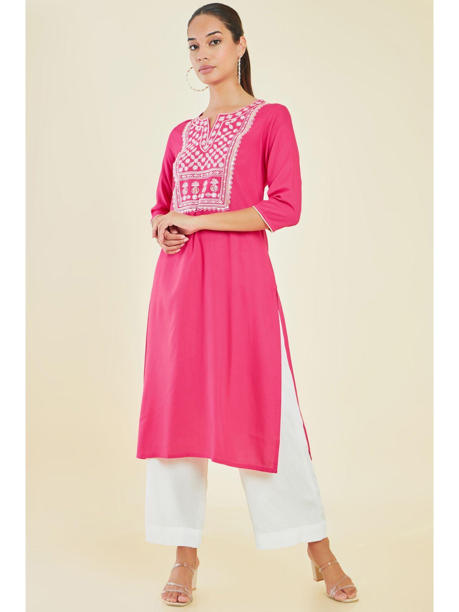 women pink rayon embroidered kurta