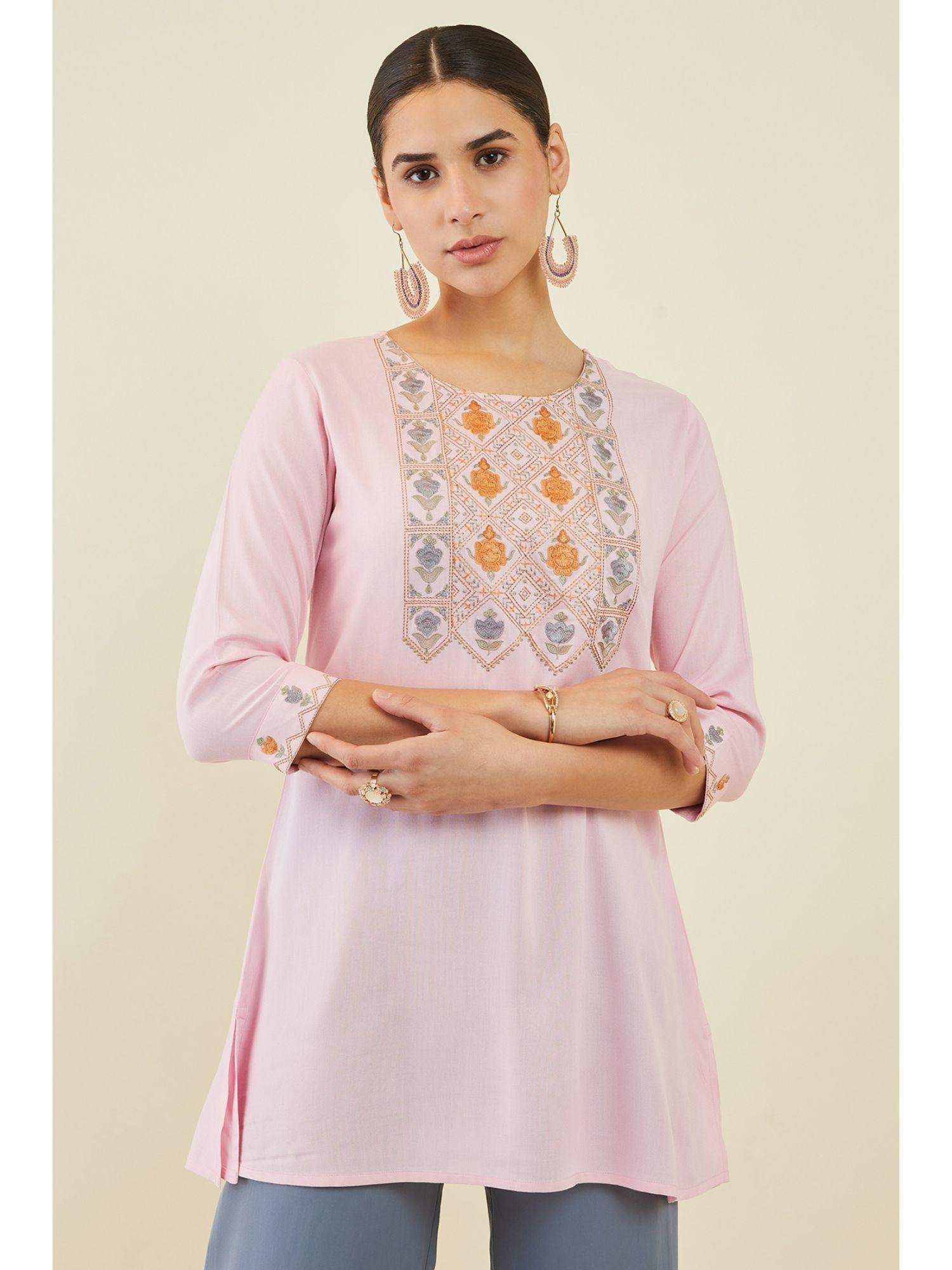 women pink rayon embroidered tunic