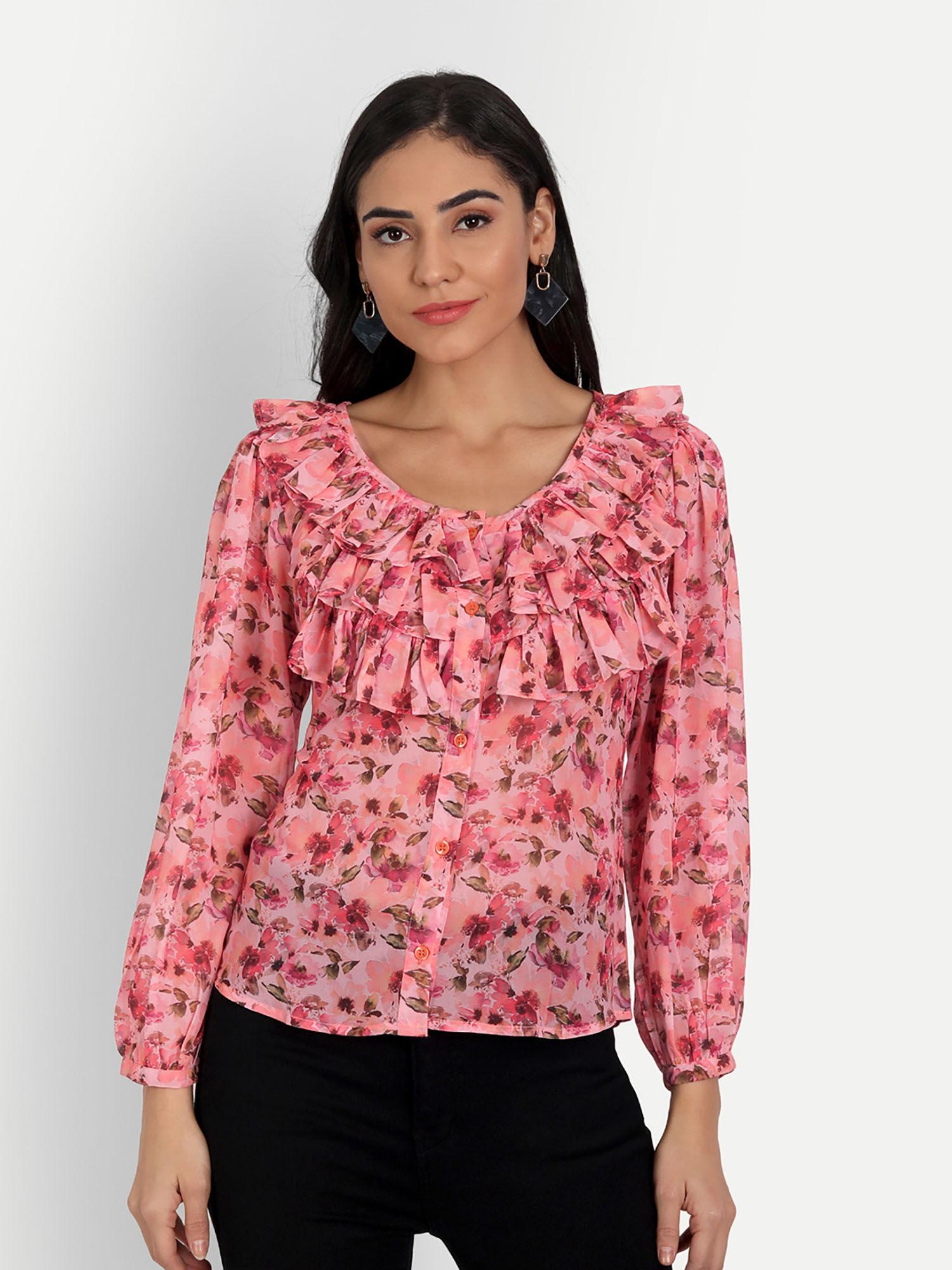 women pink red floral print ruffles georgette top