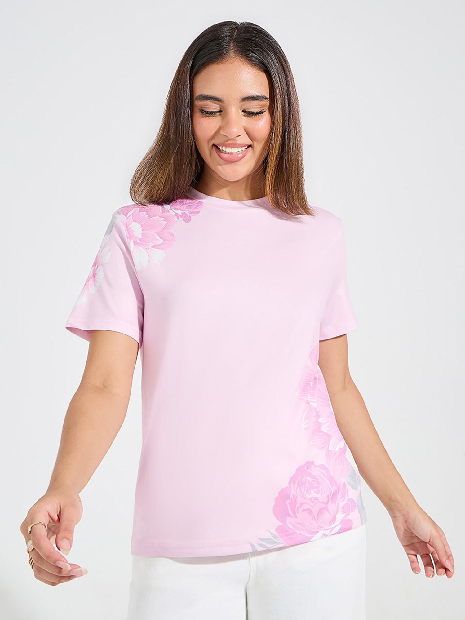 women pink regular fit floral placement print t-shirt