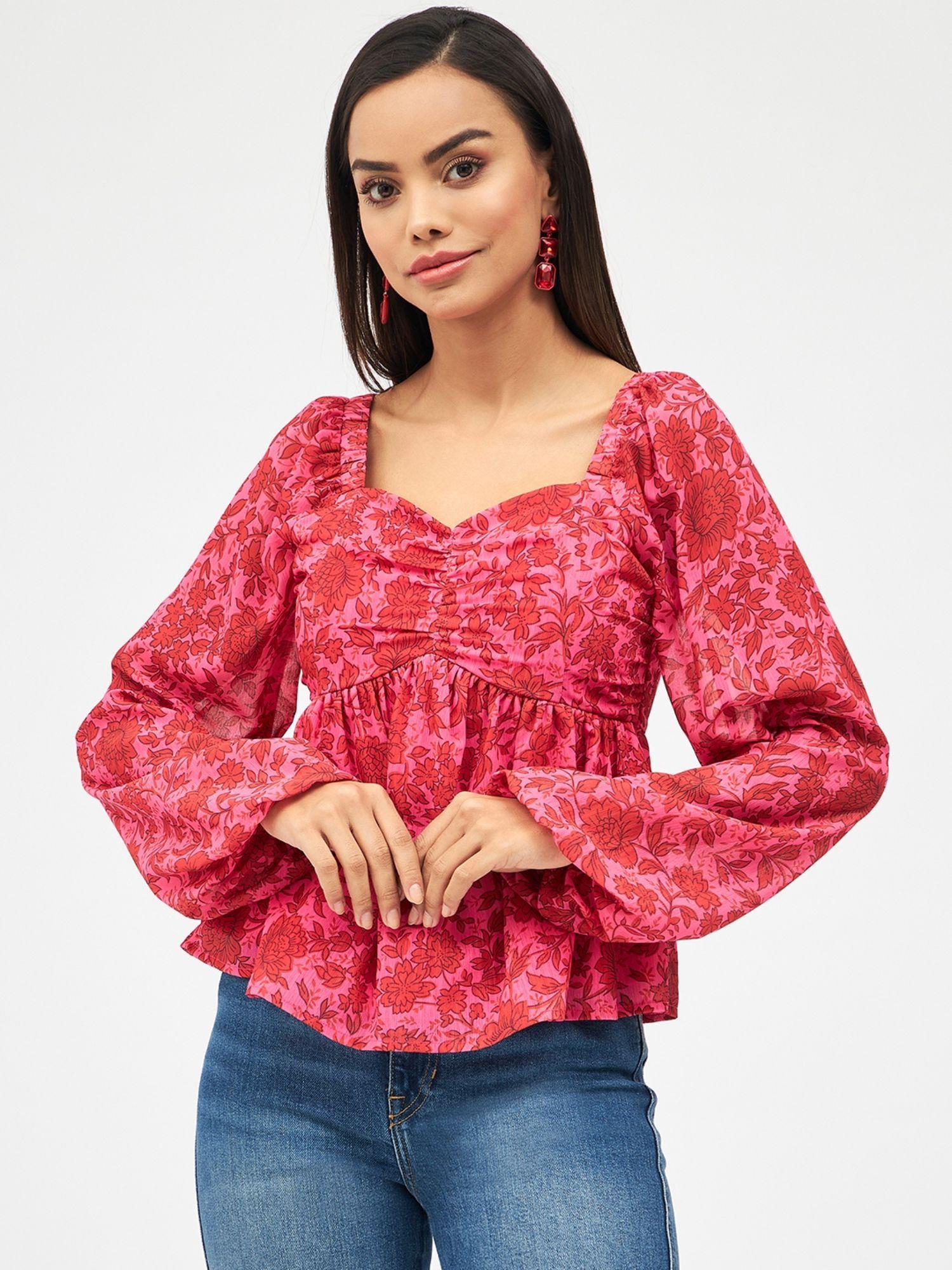 women pink regular fit floral printed sweetheart neck balloon sleeves top