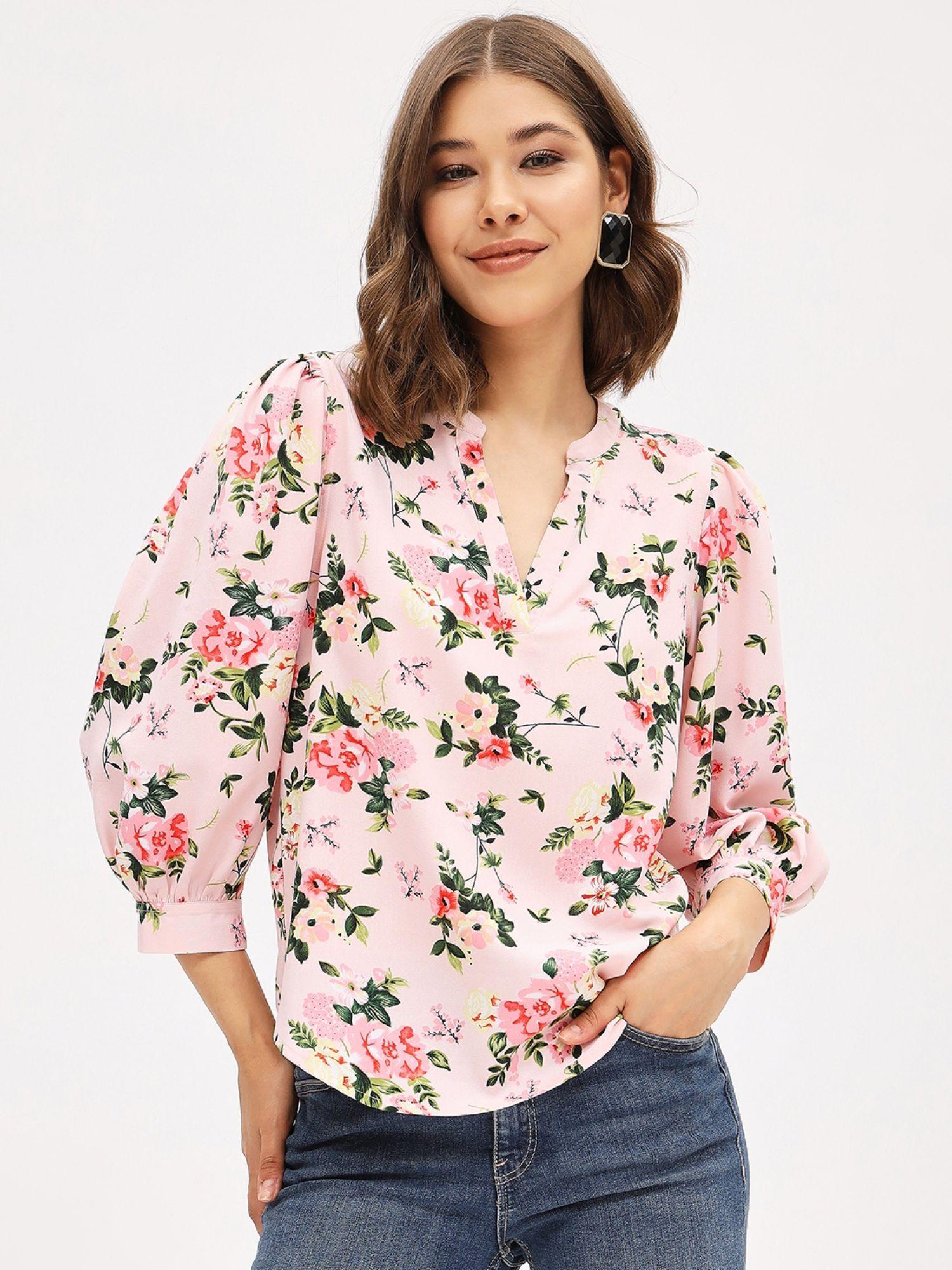 women pink regular fit floral printed three fourth sleeves top