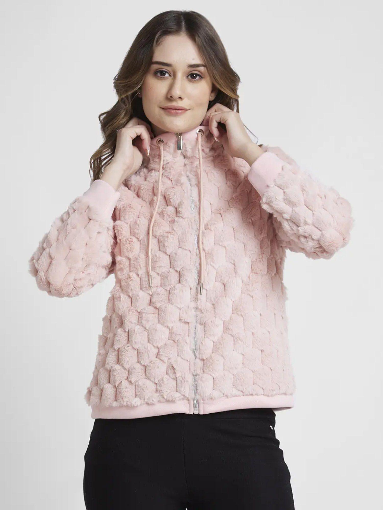 women pink regular fit high neck plain jacket