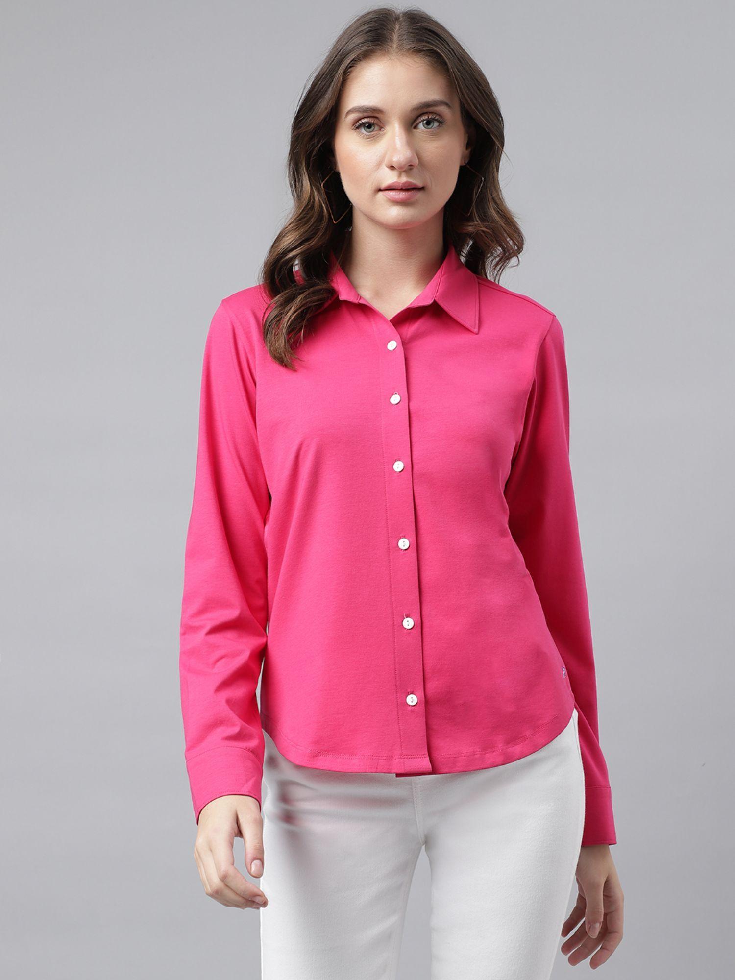 women pink regular fit long sleeves casual shirt