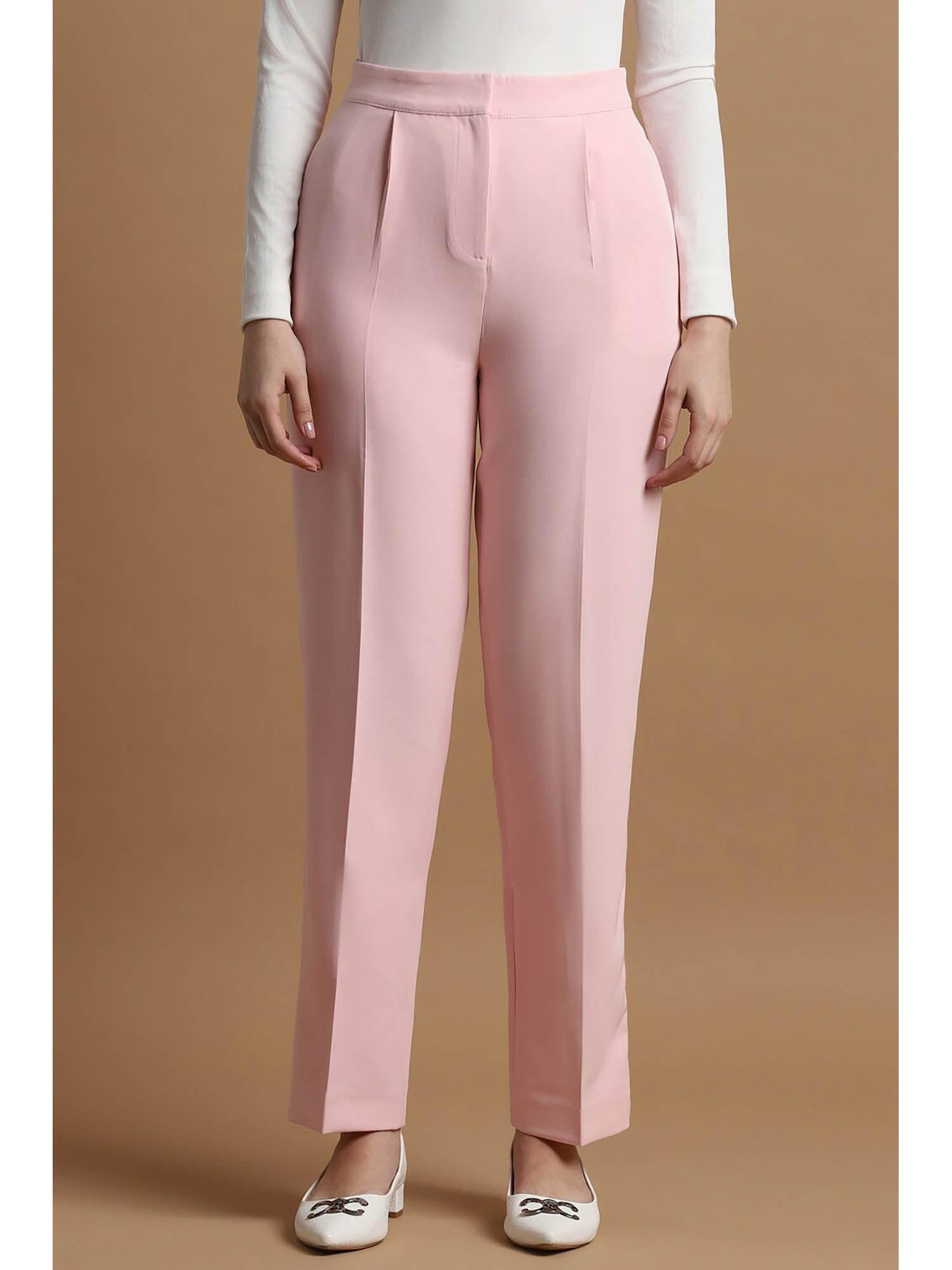 women pink regular fit solid formal trousers