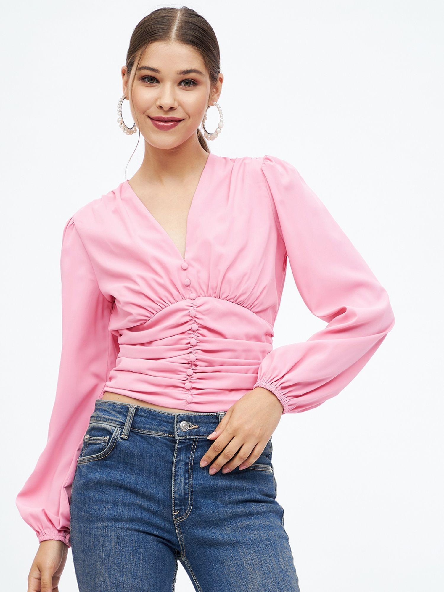 women pink regular fit solid pattern v-neck balloon sleeves top