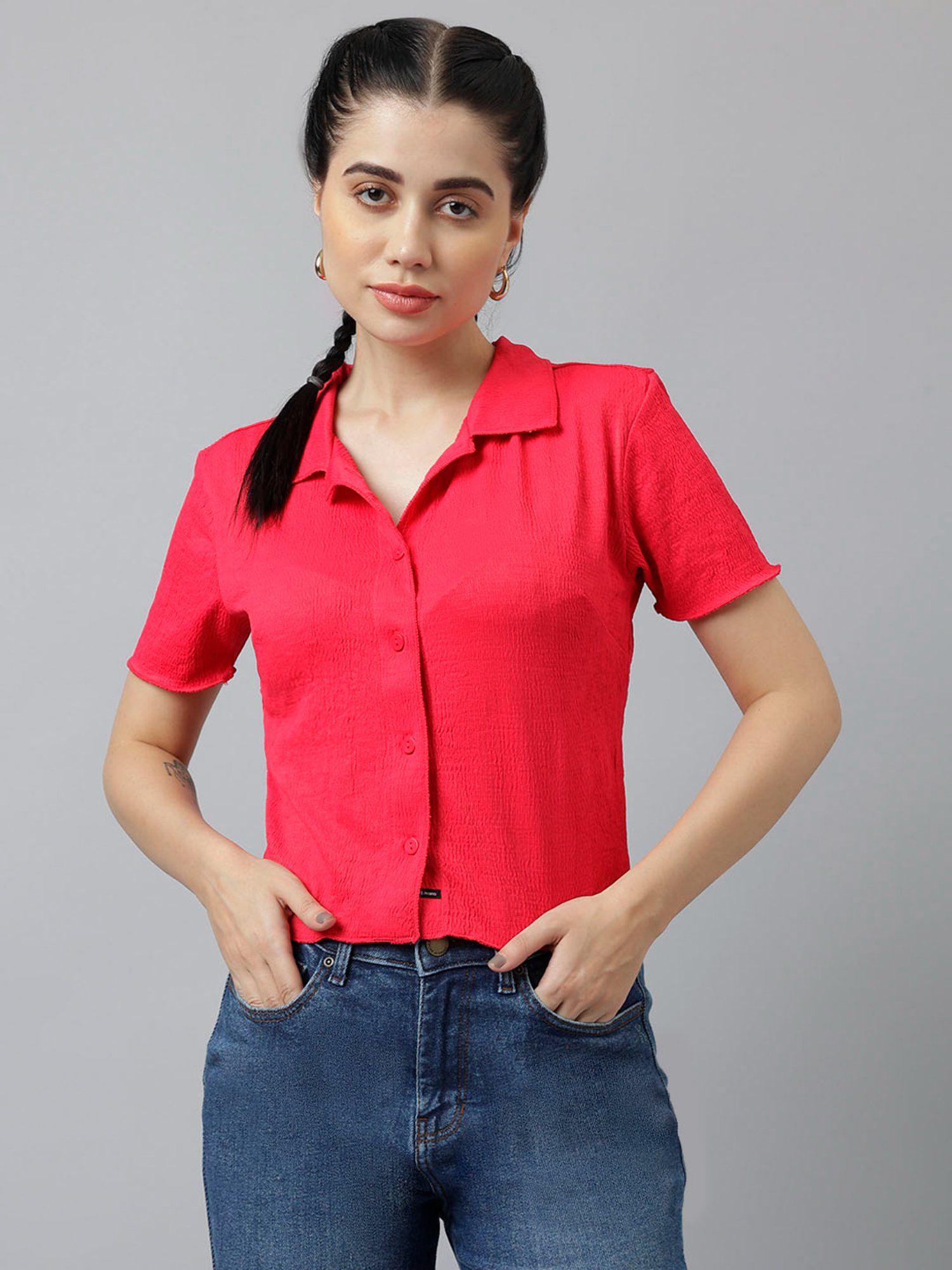 women pink regular fit spread collar short sleeves casual shirt