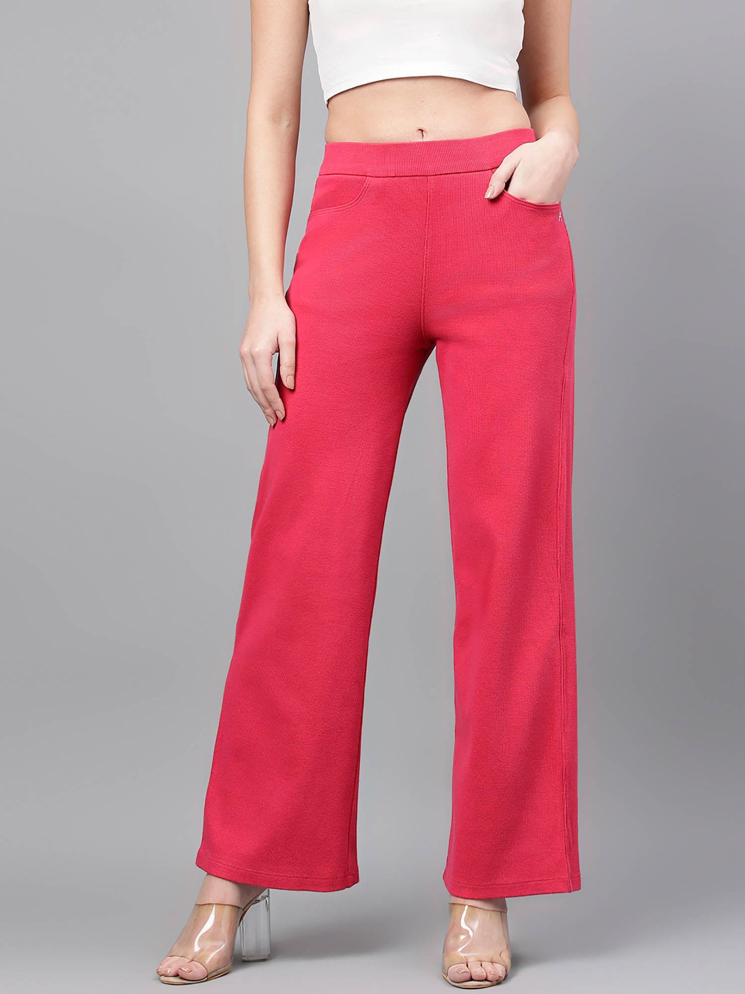 women pink ribbed wide leg high-rise trouser