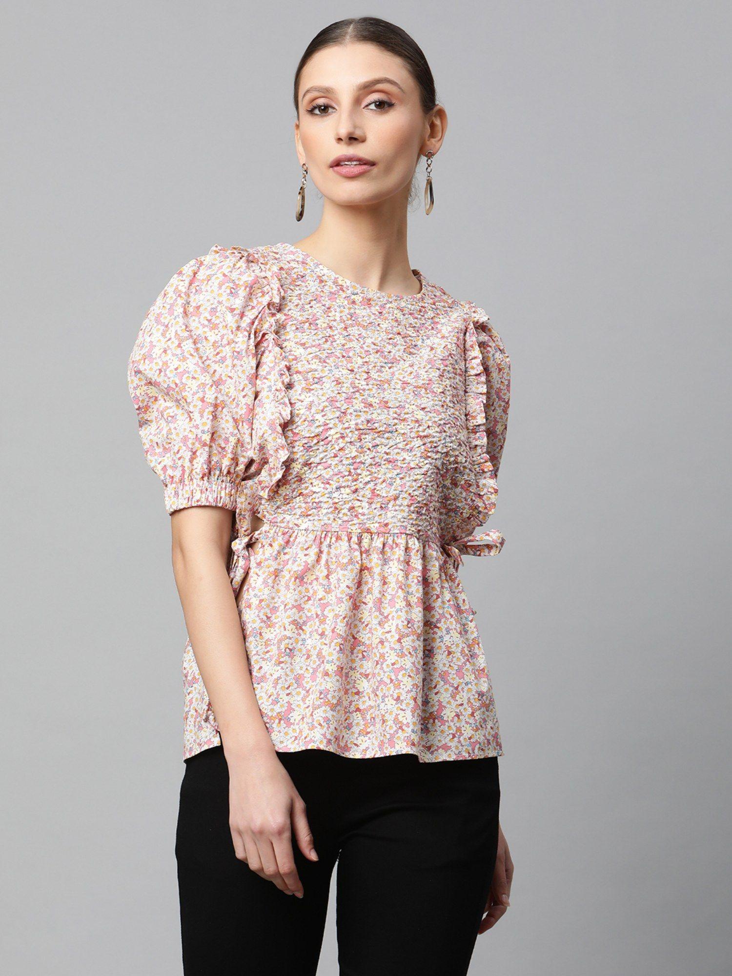 women pink round neck cotton top