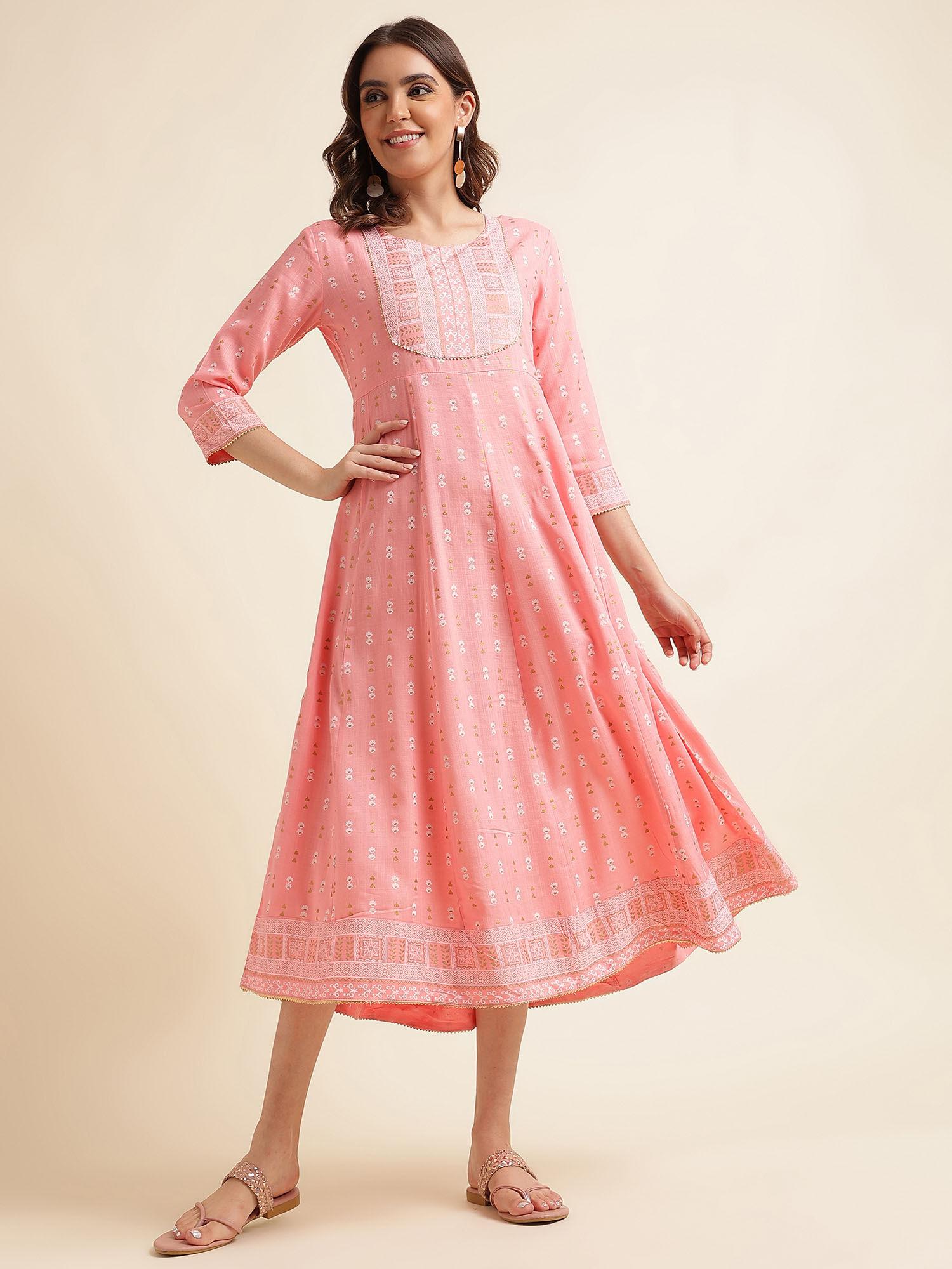 women pink round neck kurta dress