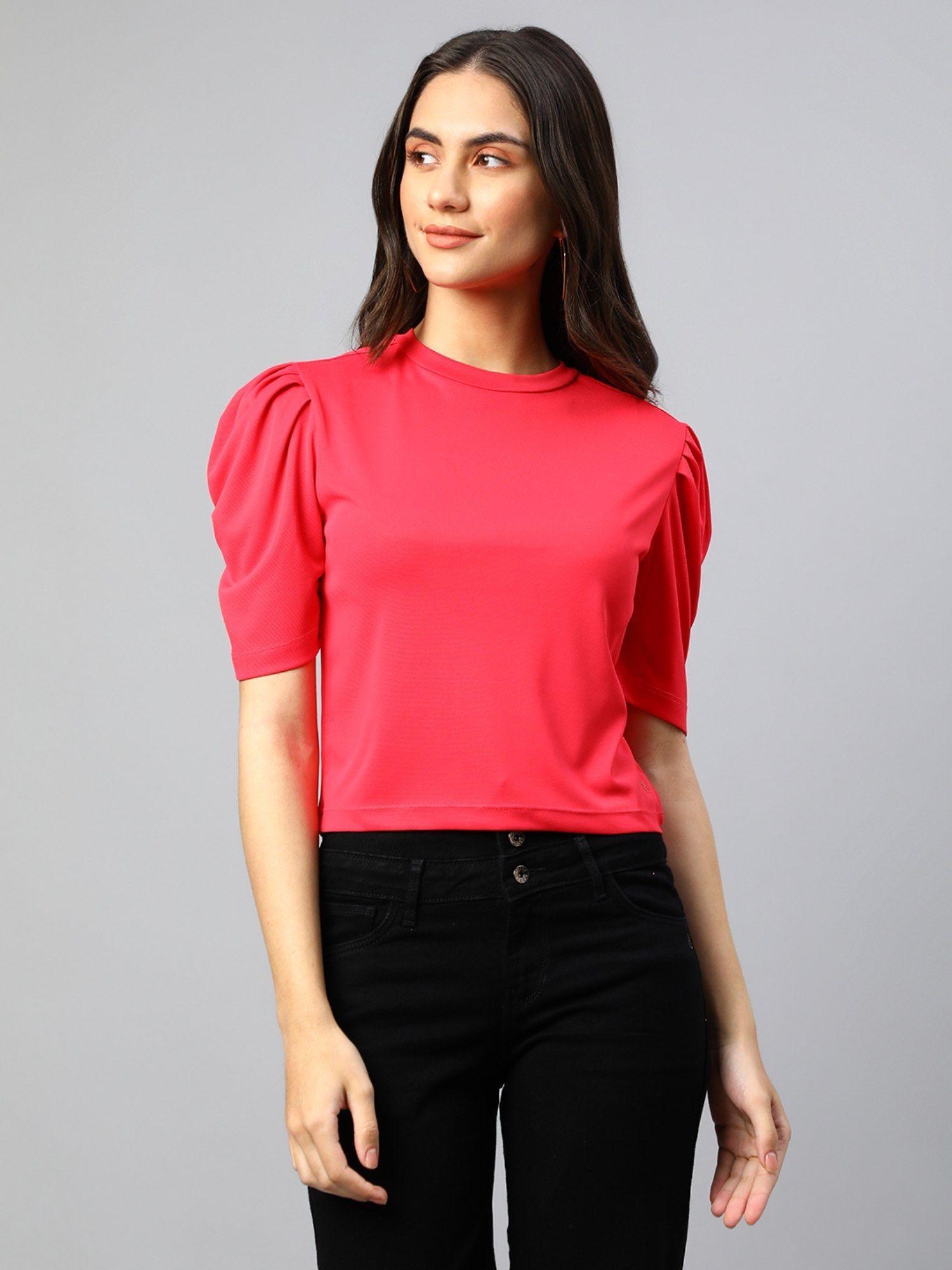 women pink round neck puffed sleeves crop top