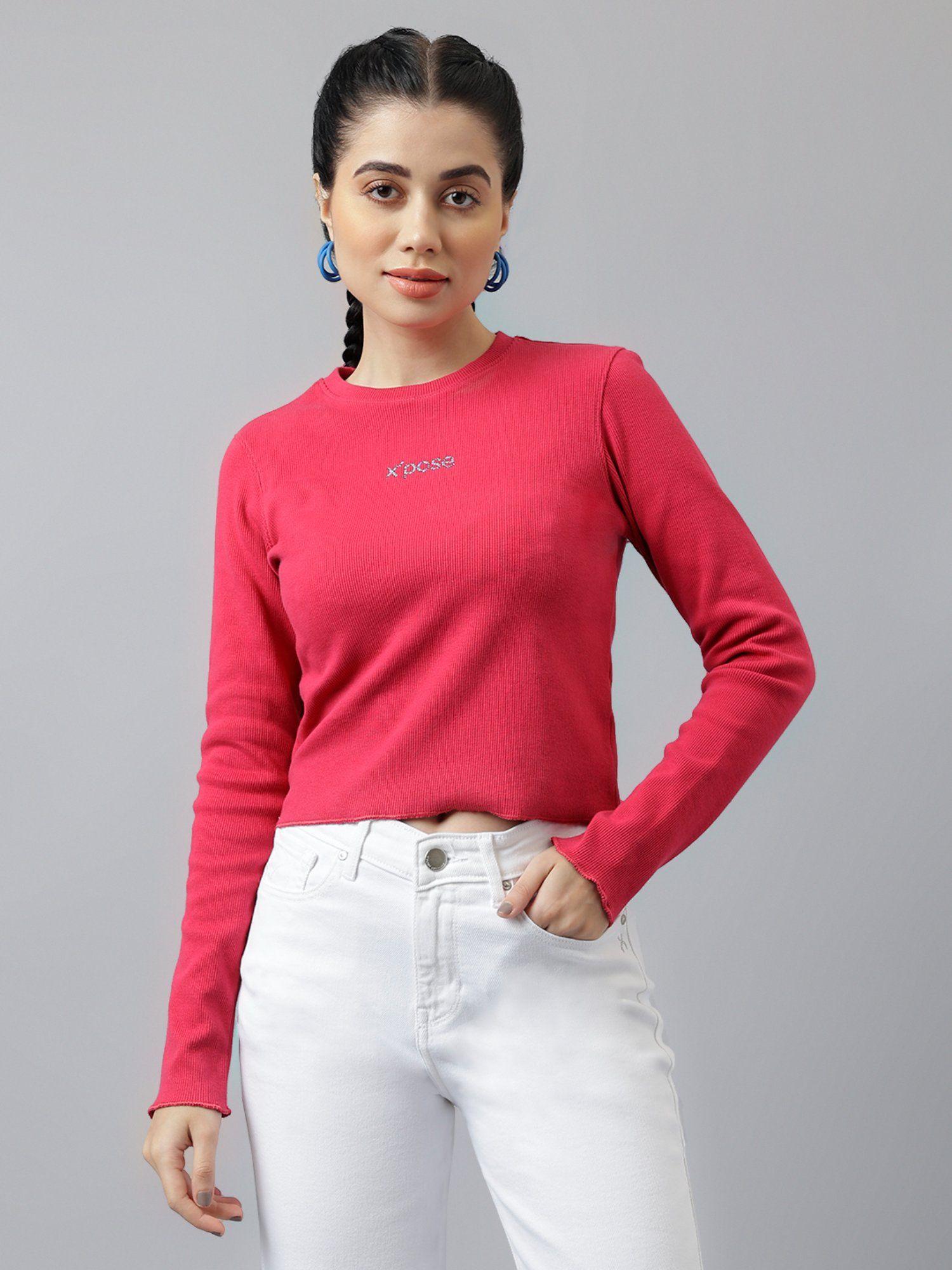 women pink round neck ribbed fitted top