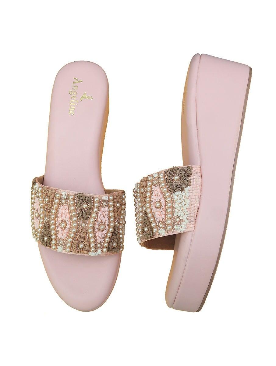 women pink rubber embroidered sandals