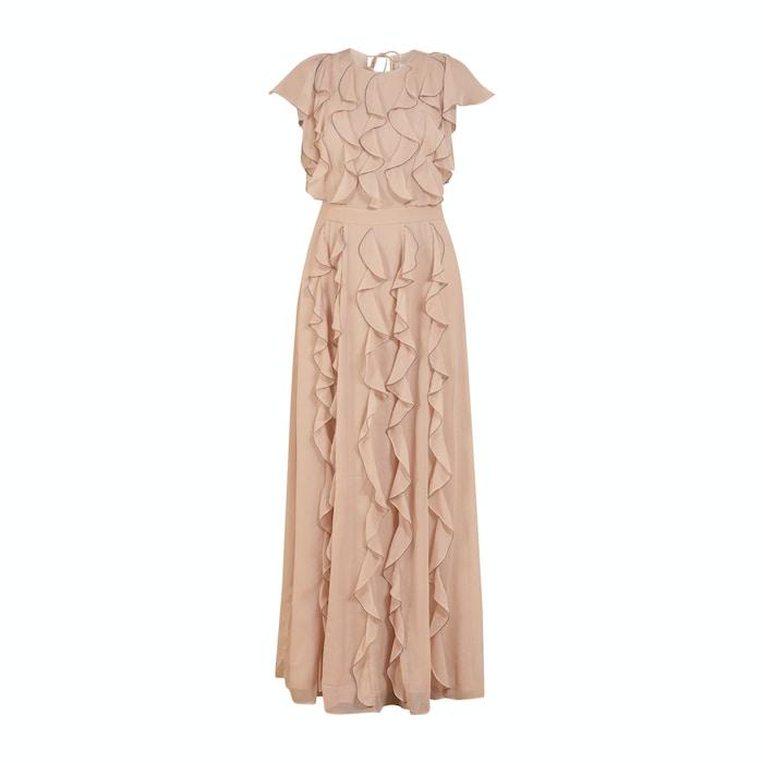 women pink ruffle maxi dress with metal ball trims