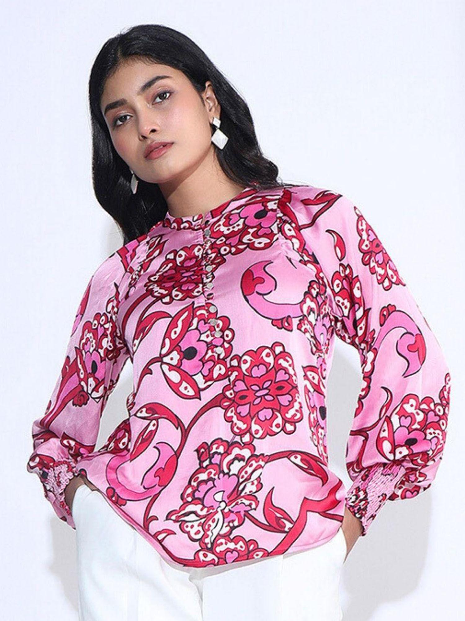 women pink satin printed balloon sleeves top