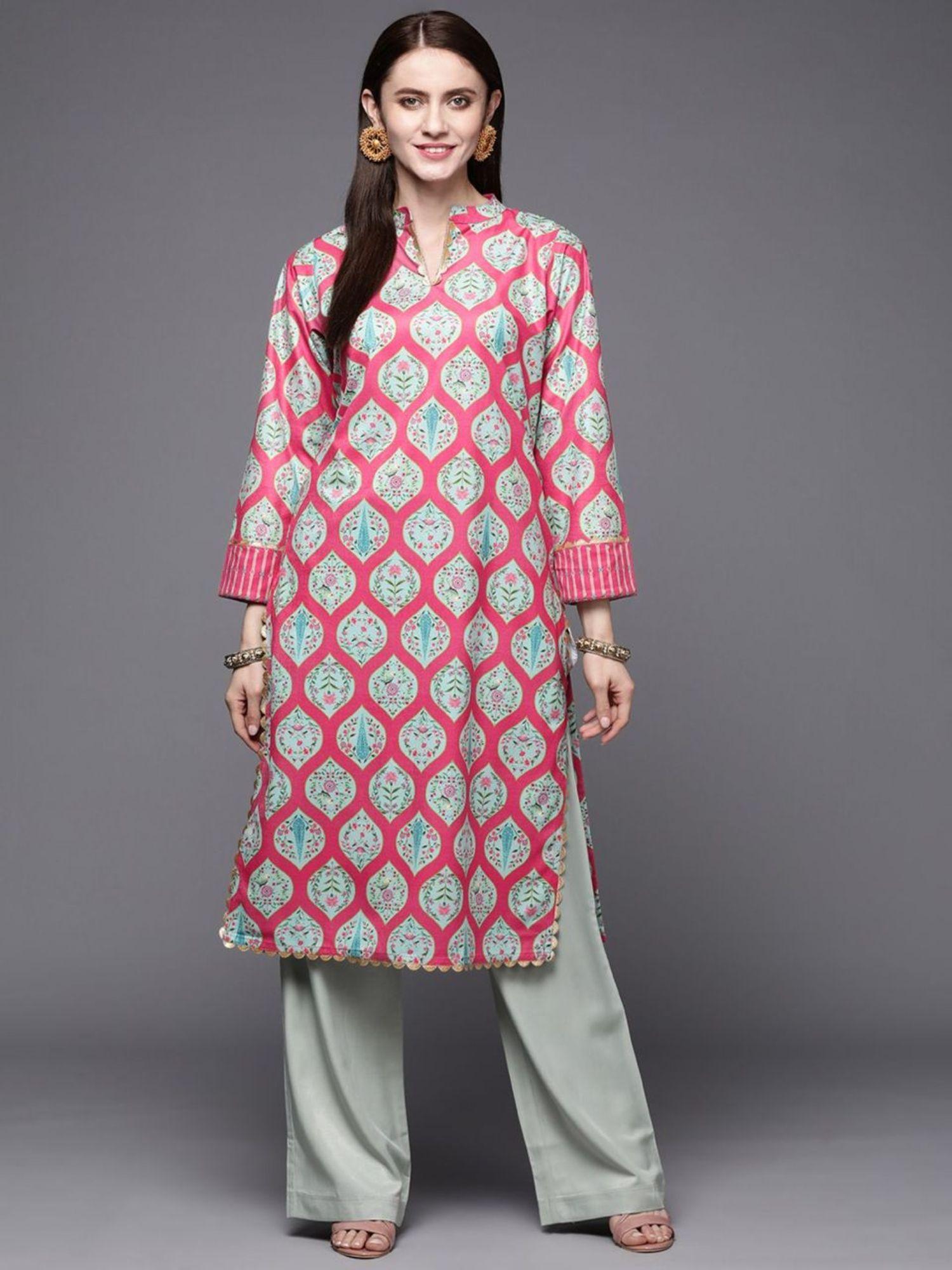 women pink sea green floral printed gota patti velvet kurta