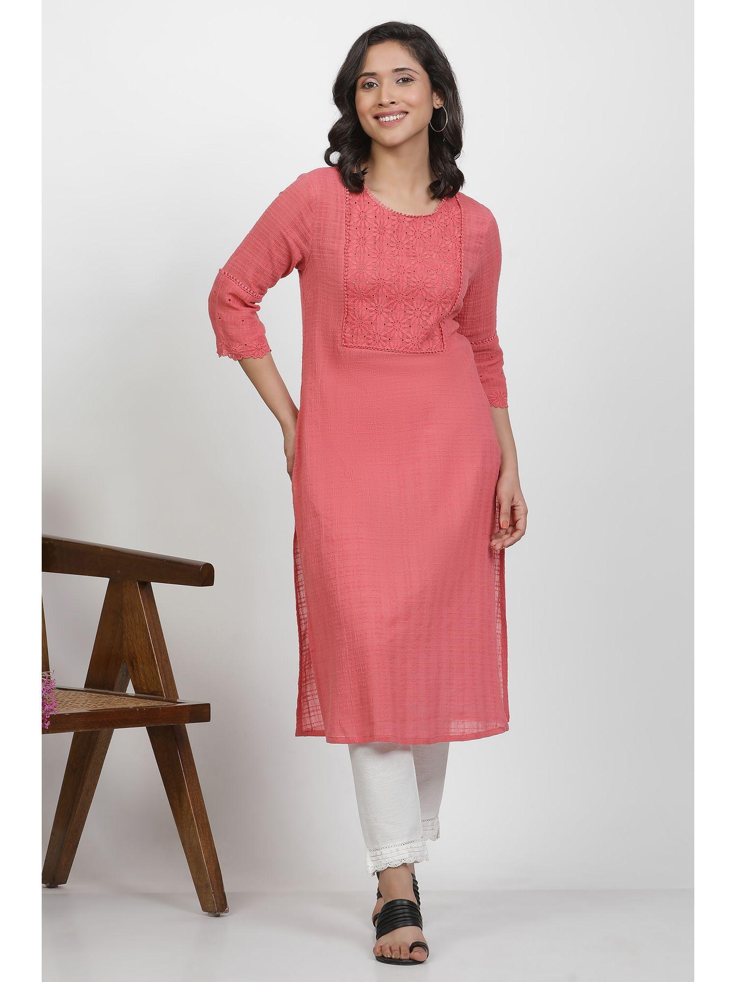 women pink self design cotton straight kurta