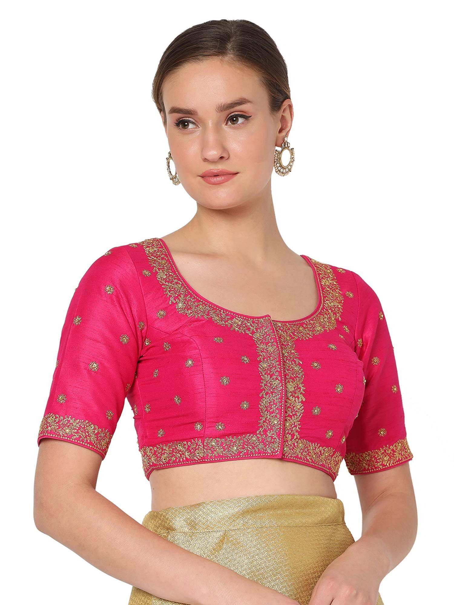 women pink silk blend embroidered readymade saree blouse