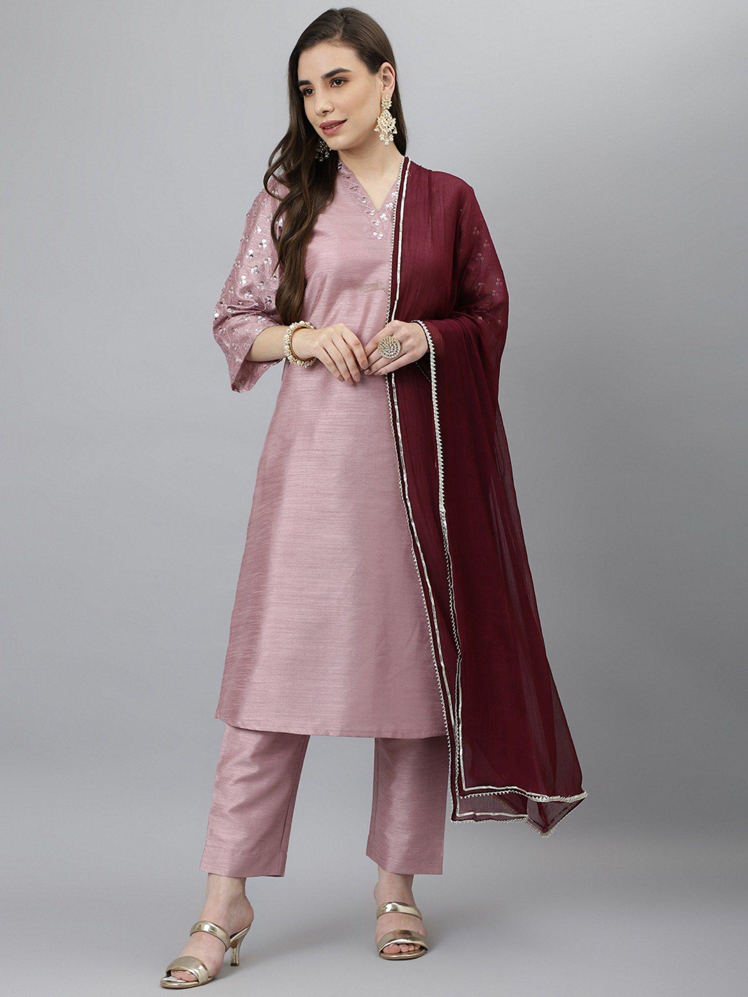 women pink silk blend embroidered straight kurta with pant & dupatta (set of 3)