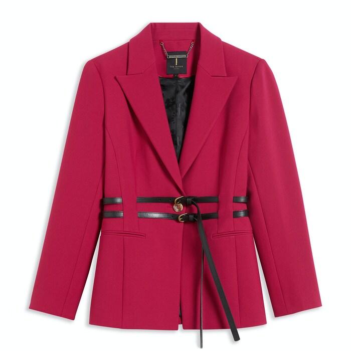 women pink single breasted blazer with belt