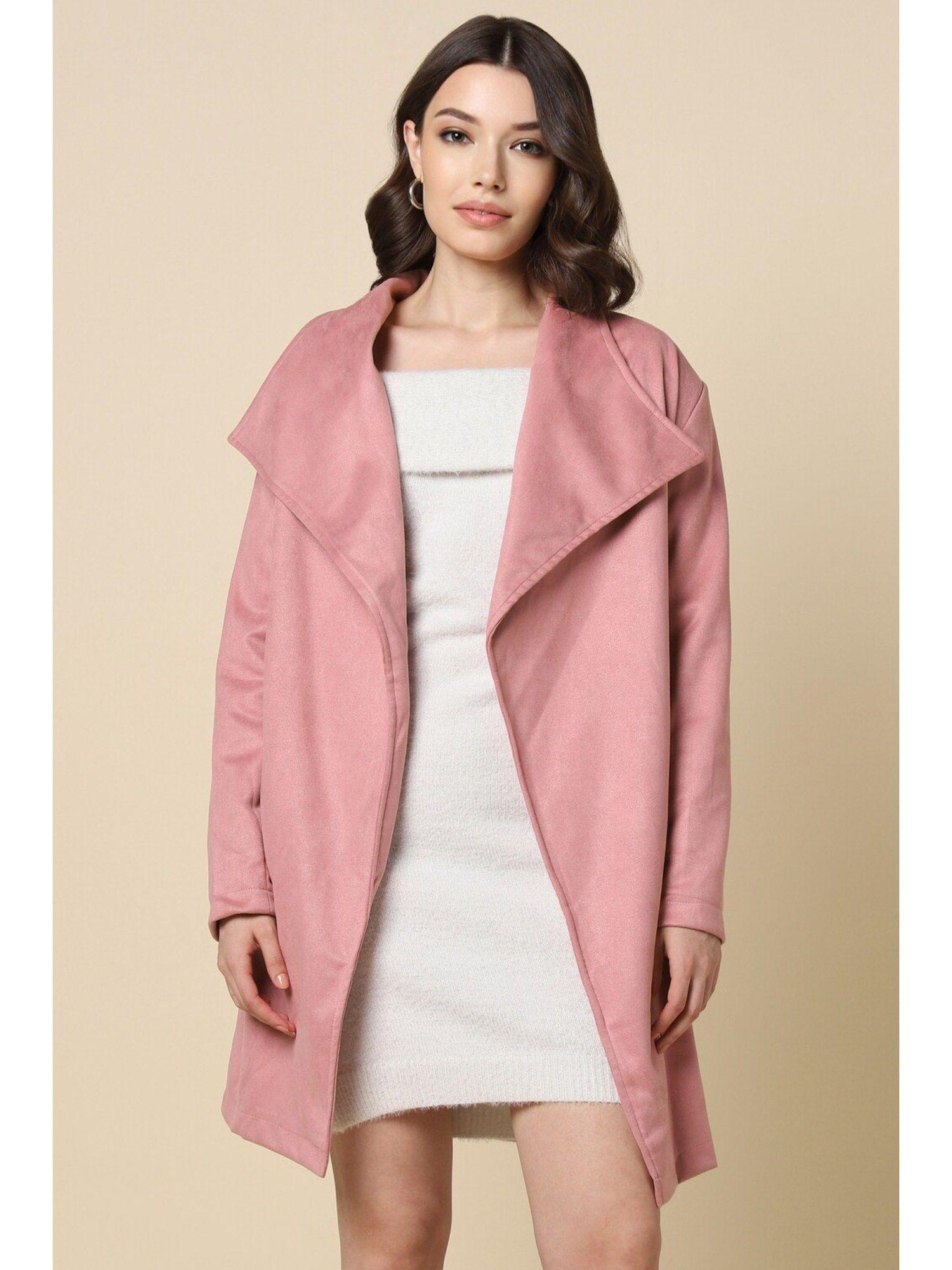 women pink solid casual coat with belt (set of 2)