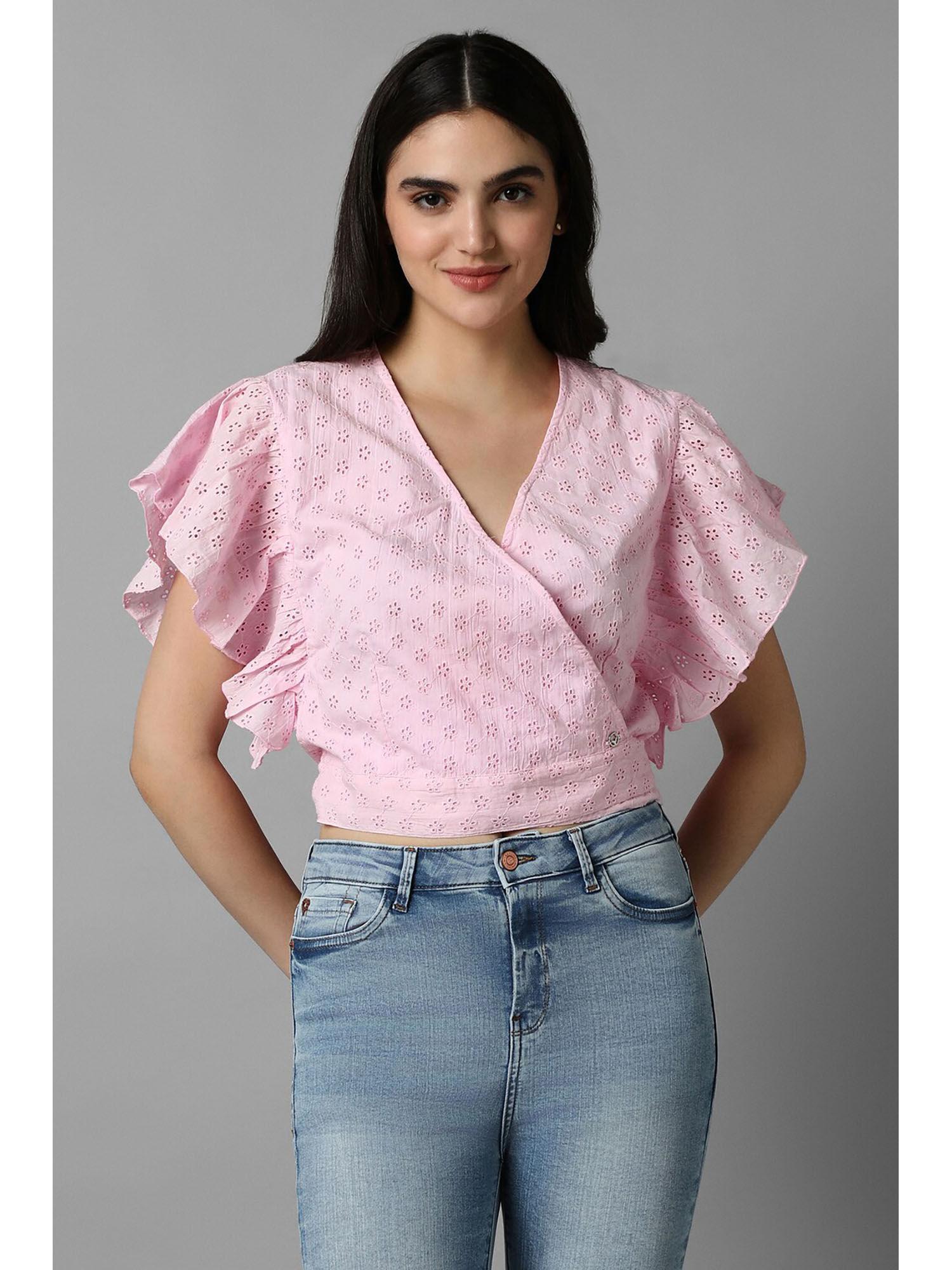 women pink solid casual crop top