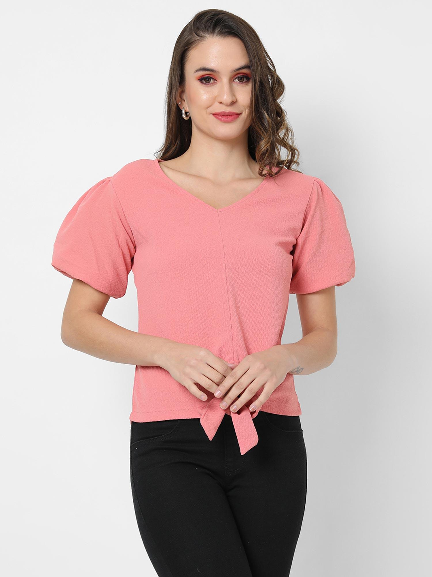 women pink solid crepe regular top