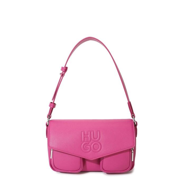 women pink solid front branding pu shoulder bag
