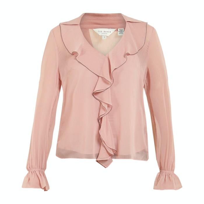 women pink solid front ruffle with metal ball trim top