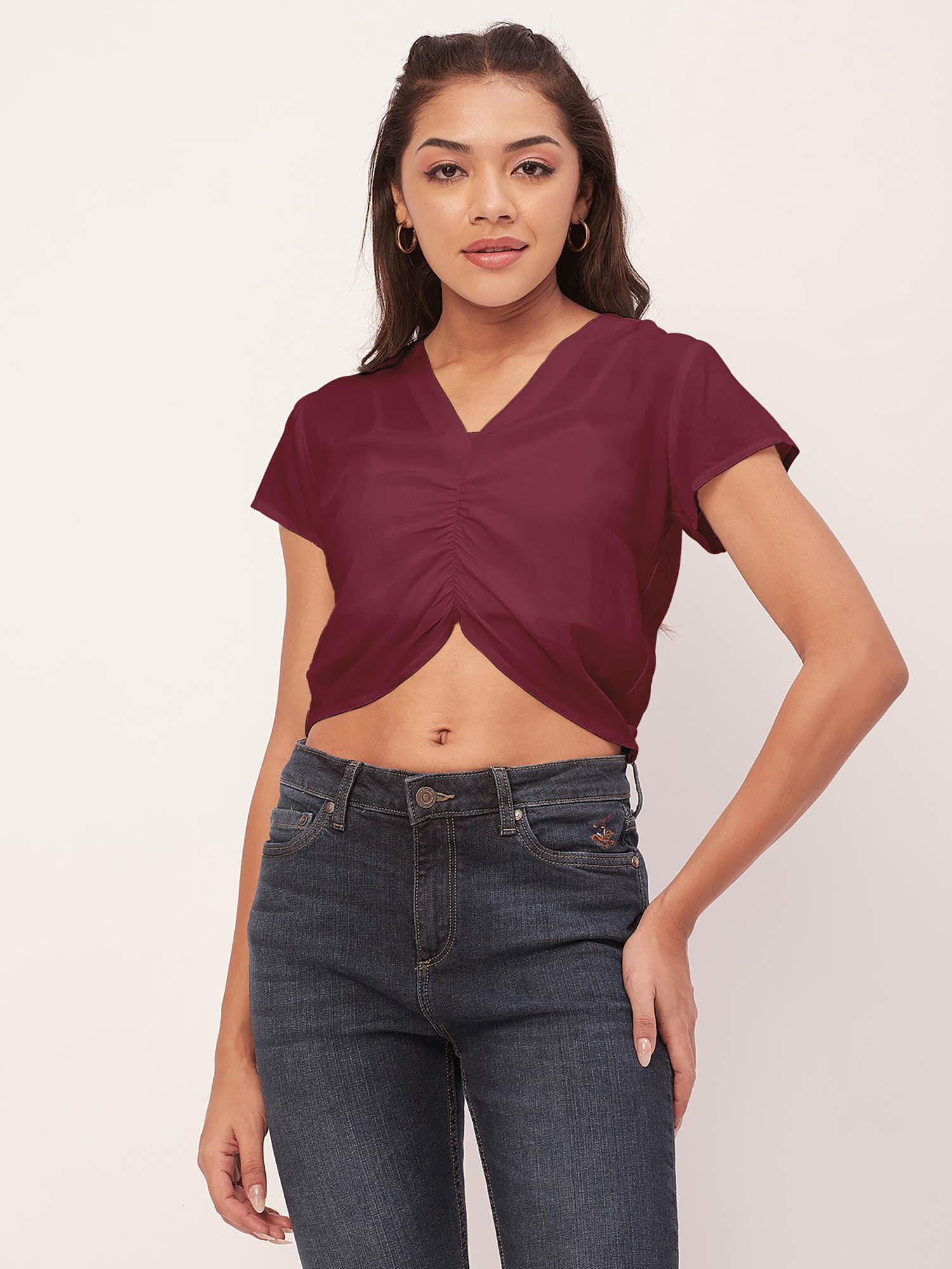 women pink solid half sleeves crop top