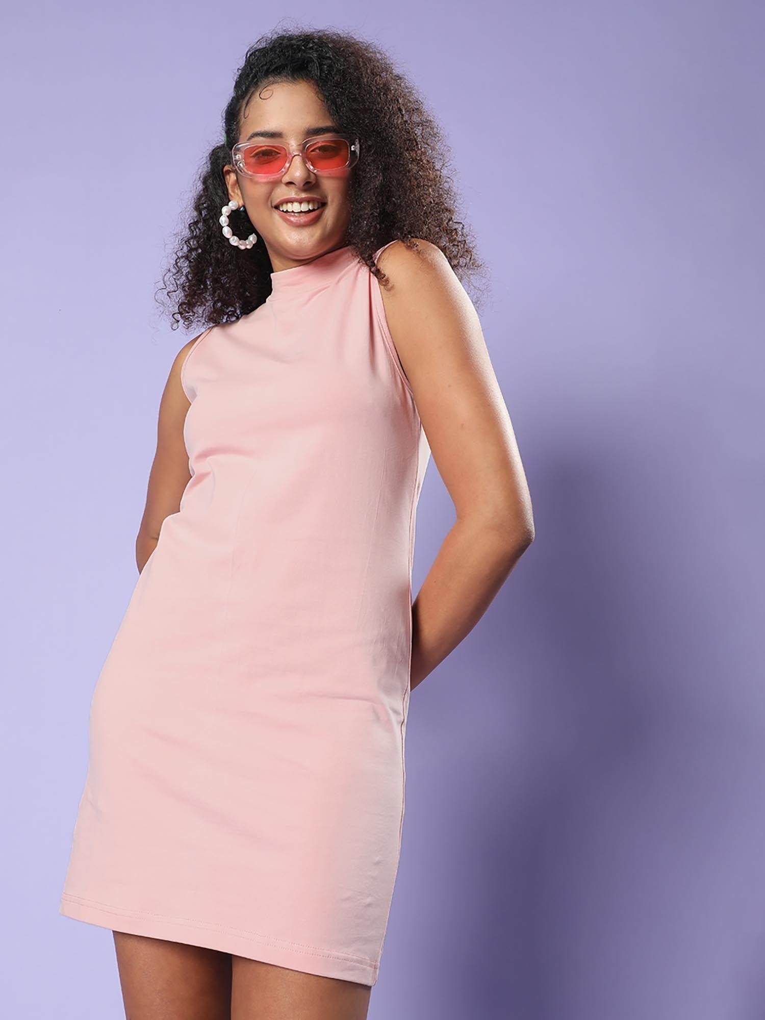 women pink solid knee length dress