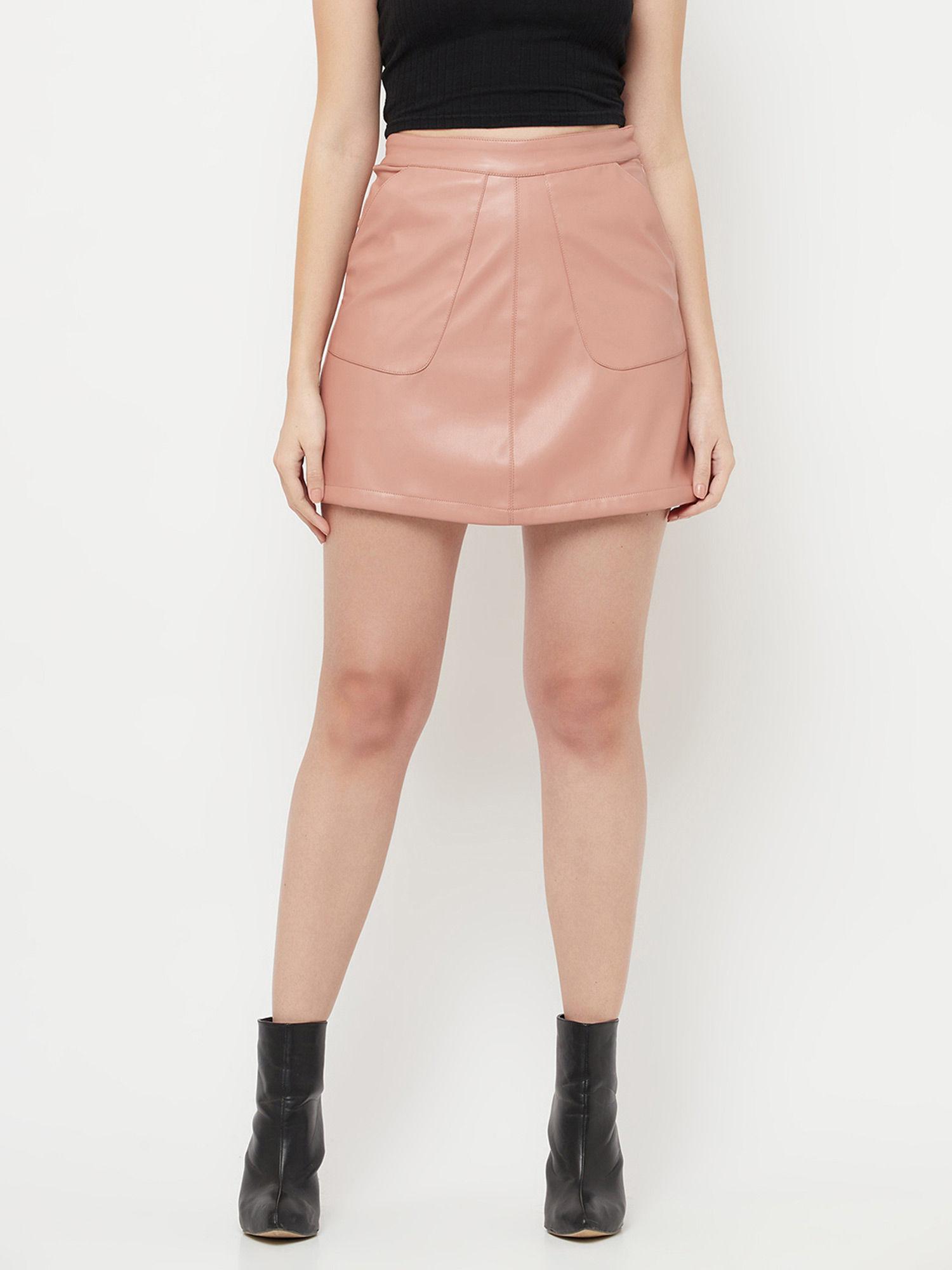 women pink solid mini a-line leather skirt