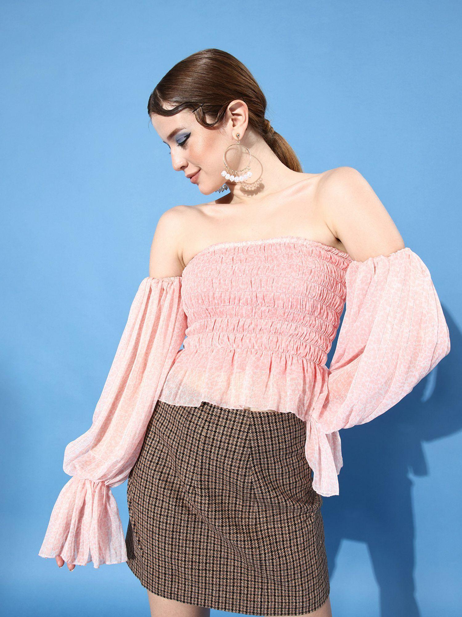 women pink solid off-shoulder smocked chiffon crop top