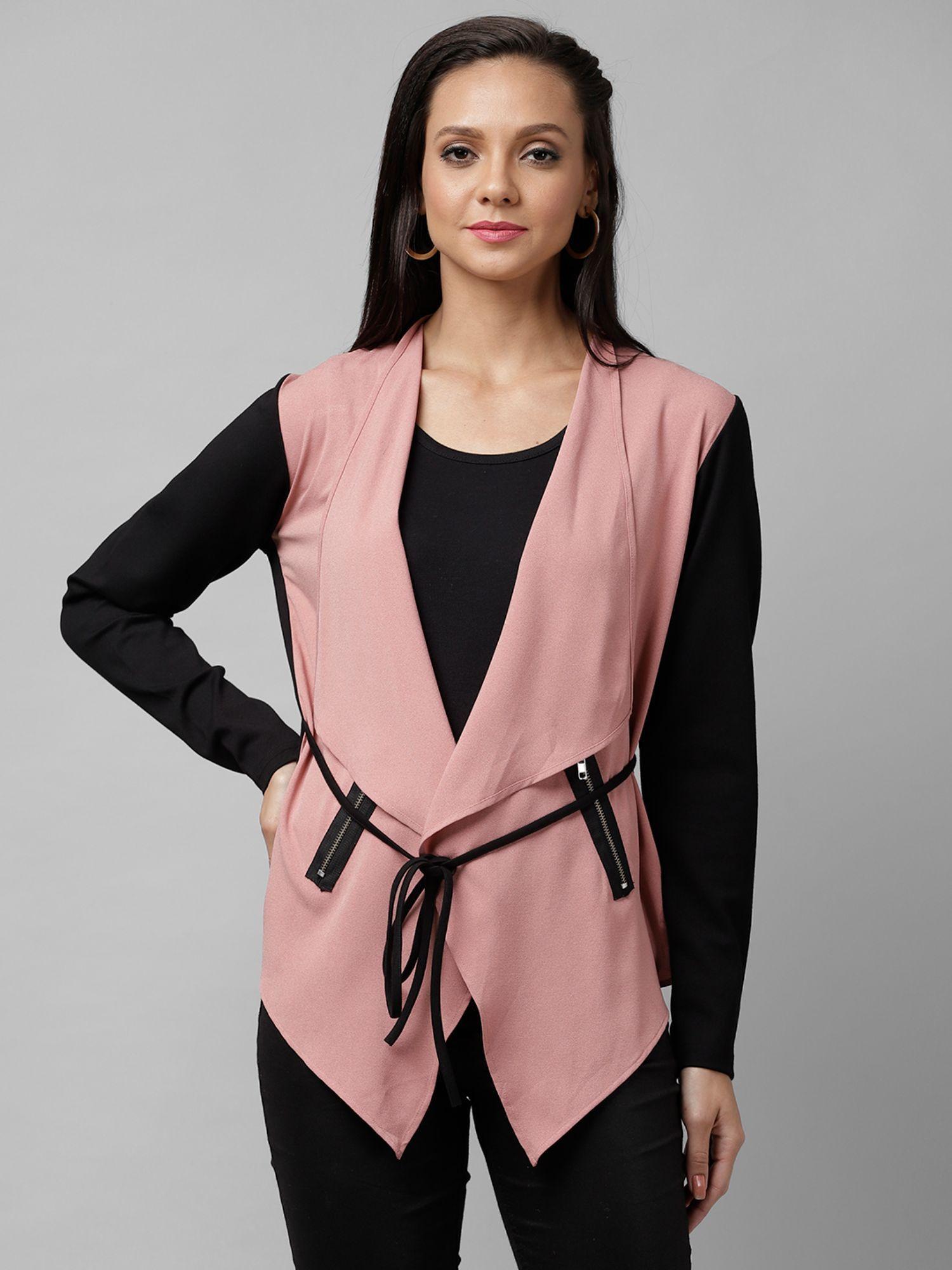 women pink solid open front shrug