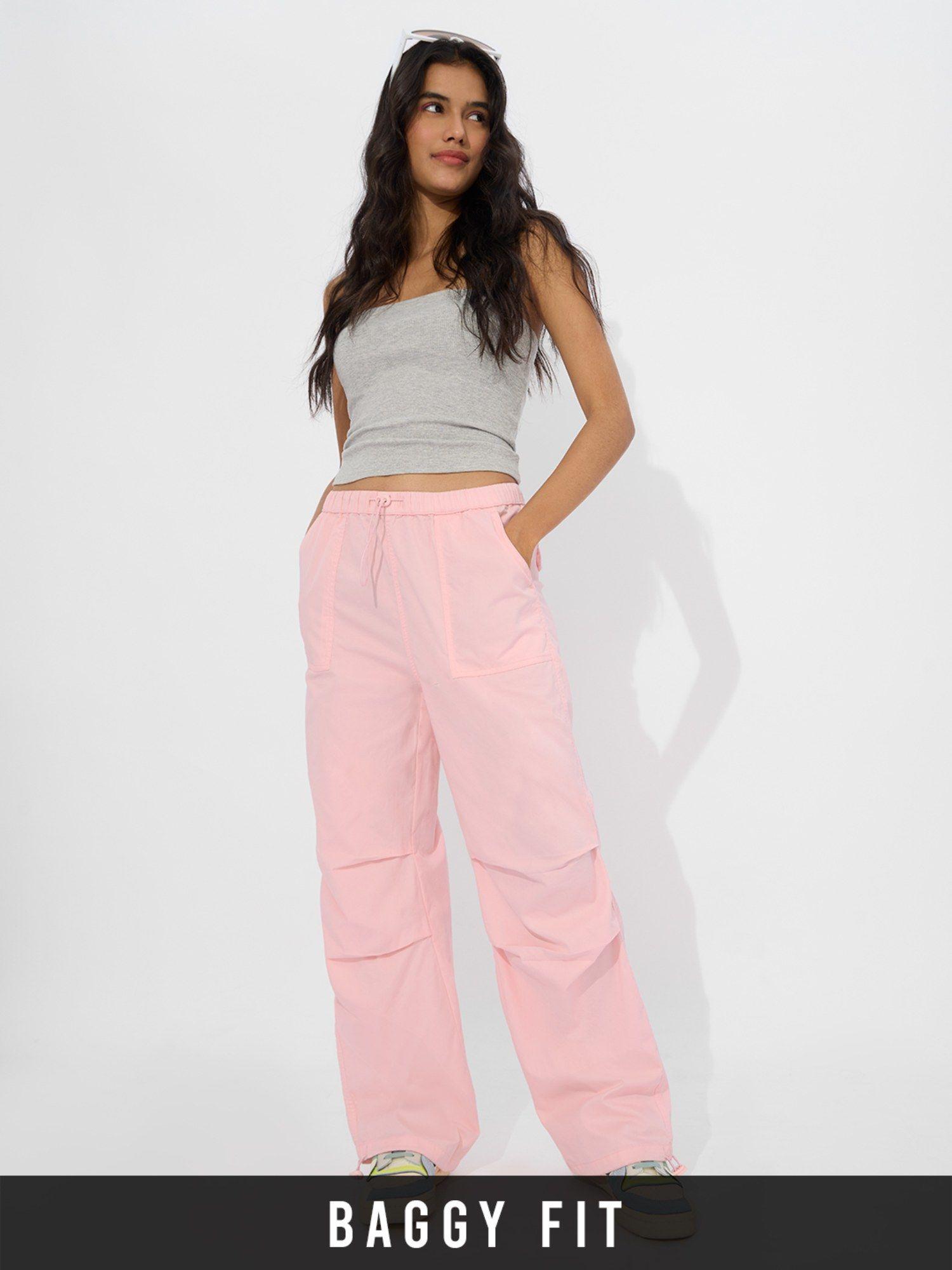 women pink solid parachute pant