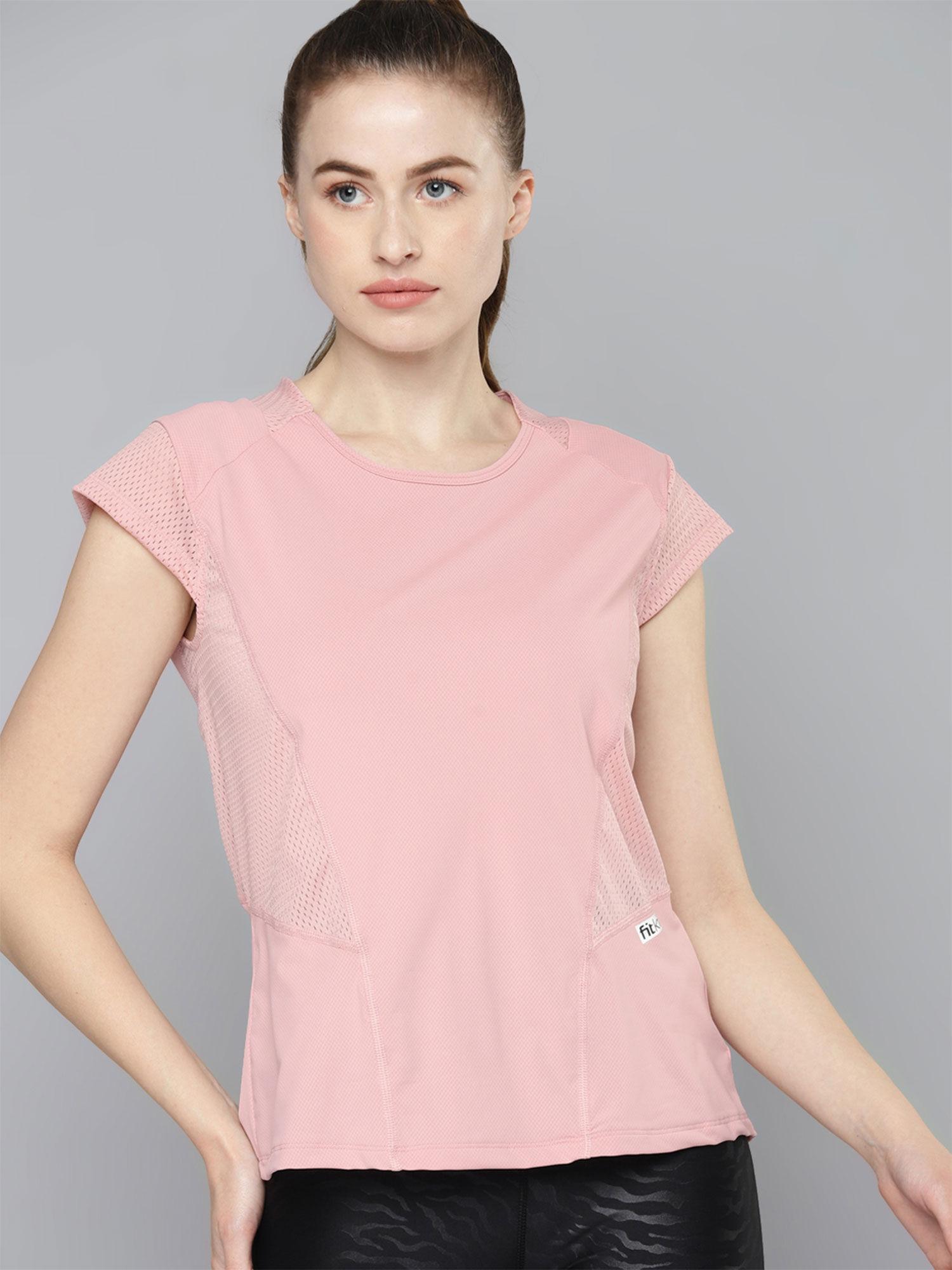 women pink solid relaxed fit mesh inserts t-shirt