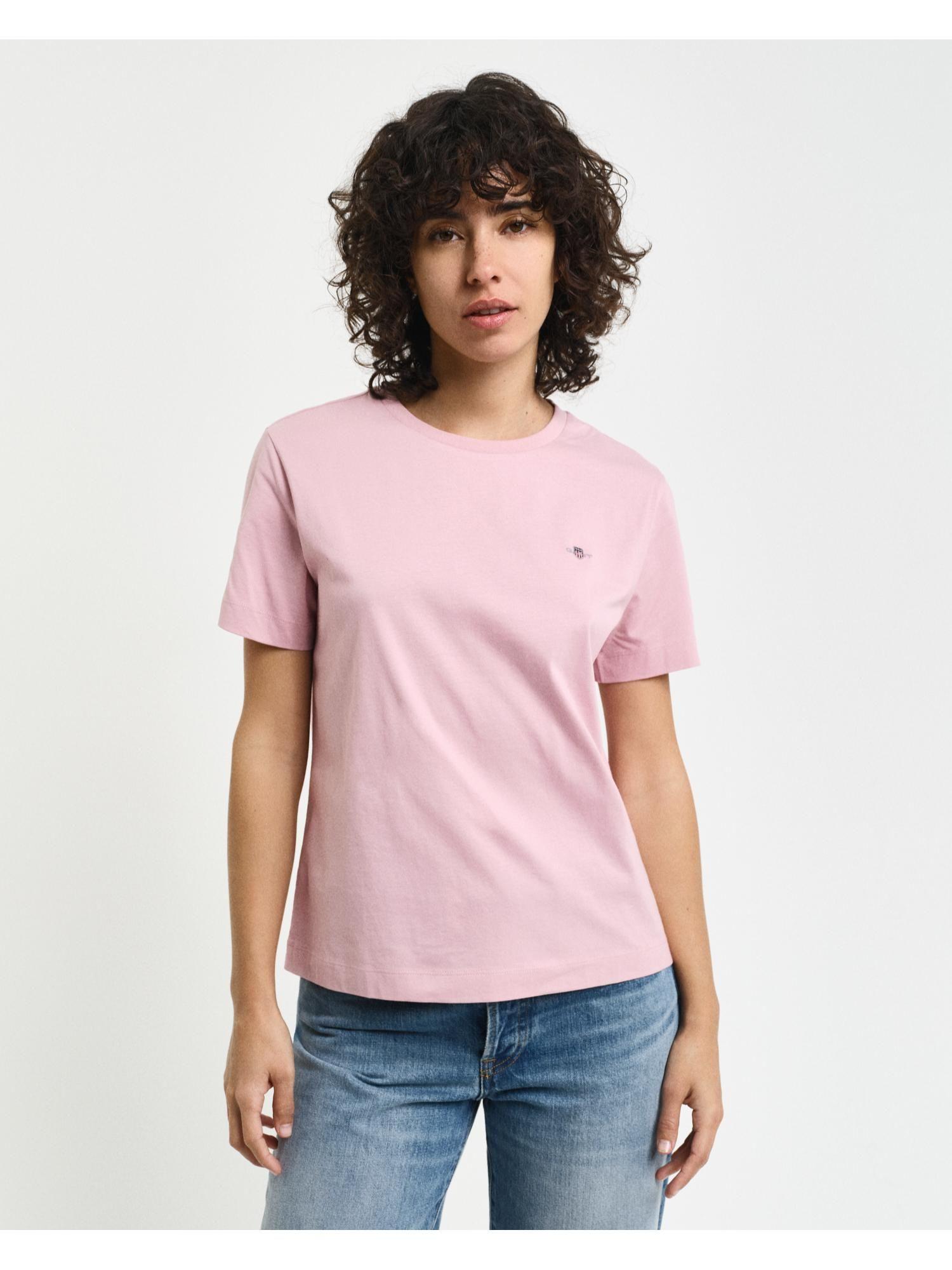 women pink solid round neck short sleeves t-shirt