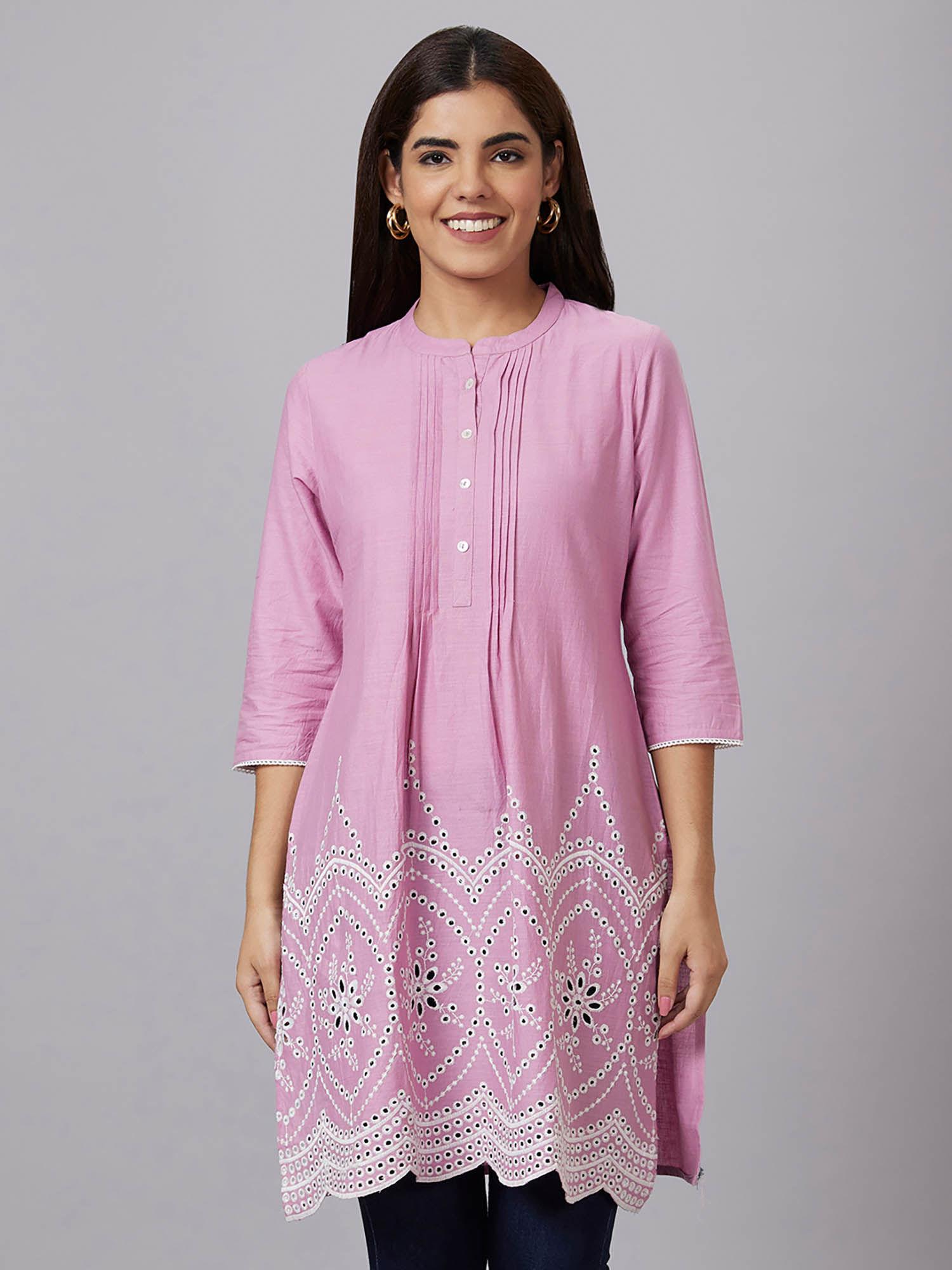 women pink solid straight kurta