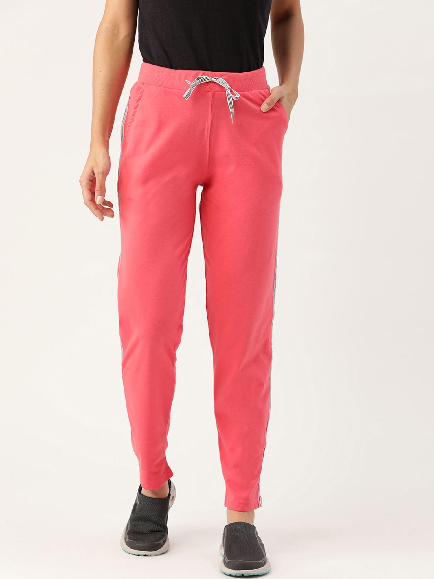 women pink solid with side tape cotton straight fit track pant