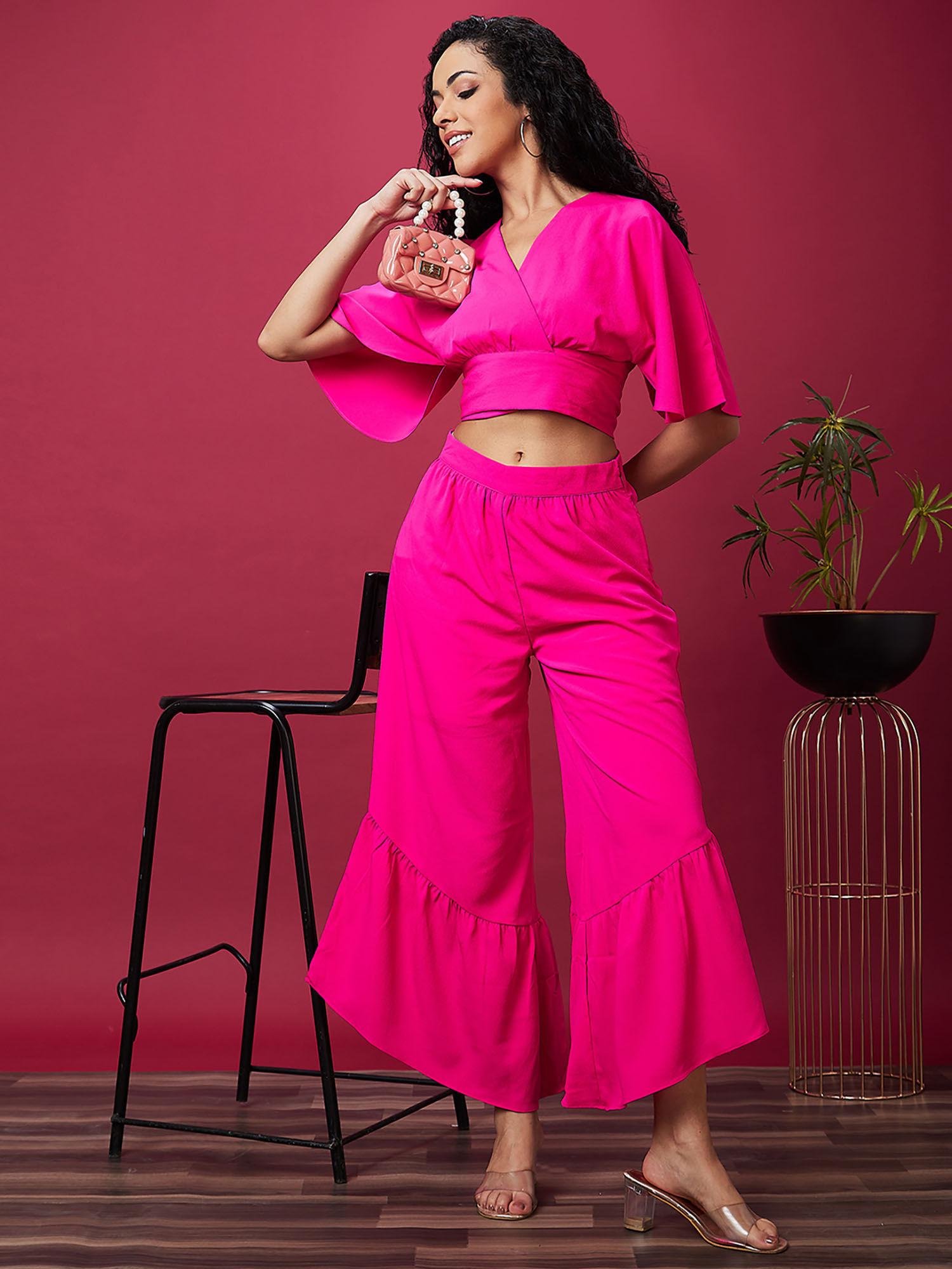 women pink solid wrap v-neck waist tie up top & flared palazzo co-ord set