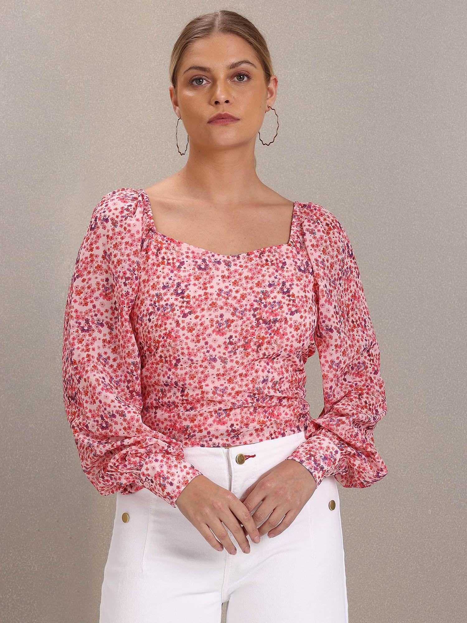 women pink square neck floral print woven top