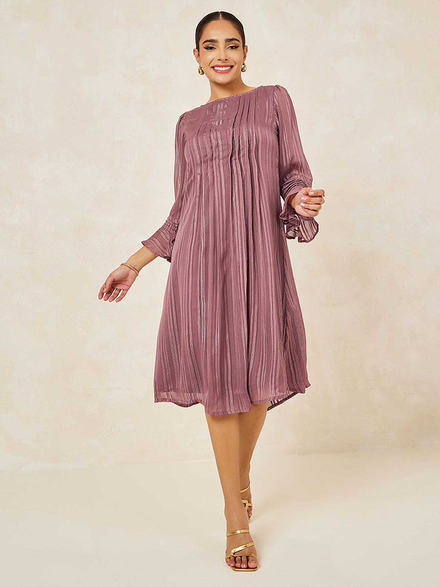 women pink stipes shift midi dress with flared sleeves