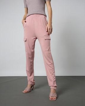 women pink straight track pants with inset pockets