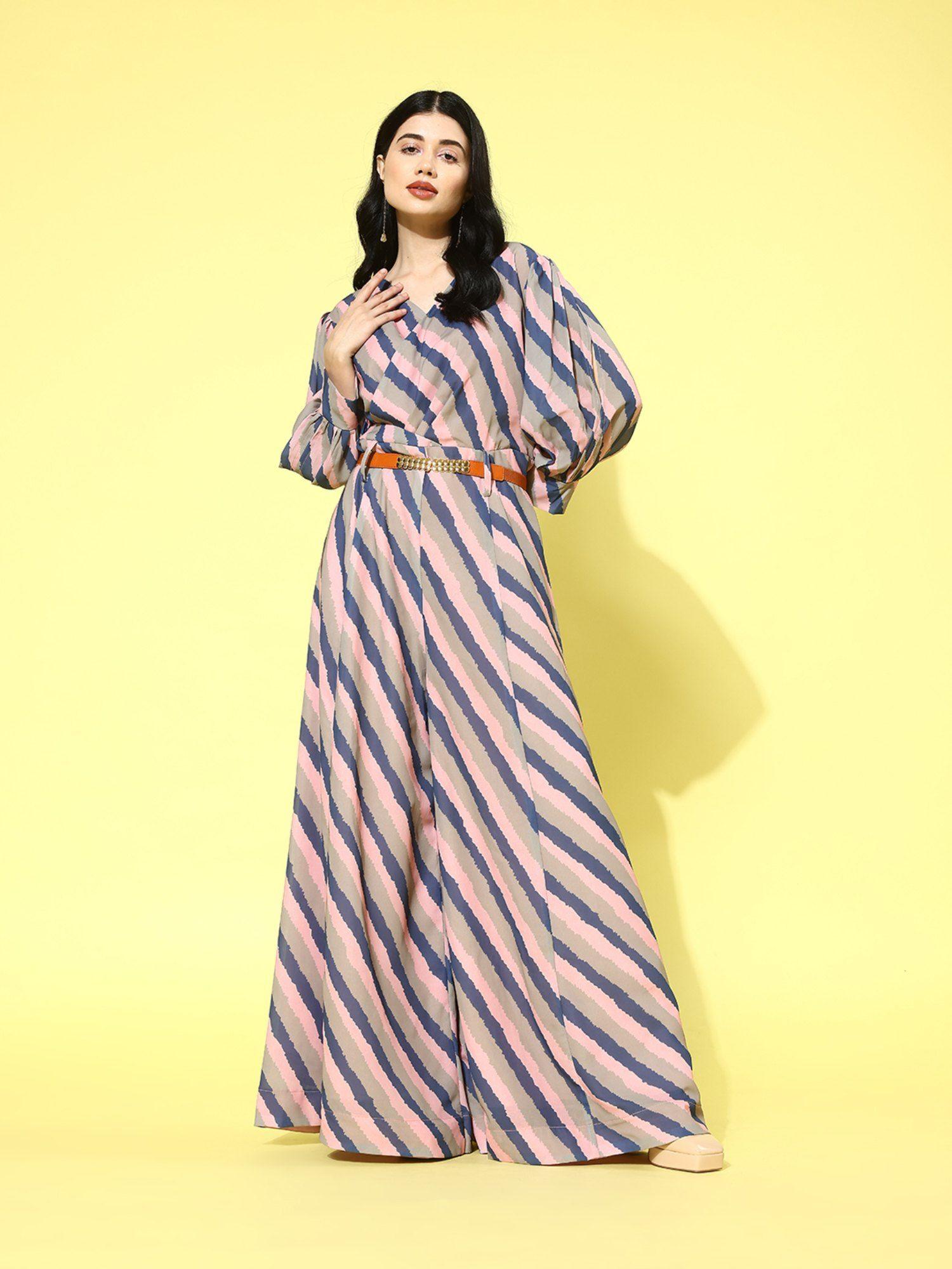 women pink stripe printed jumpsuit (set of 2)