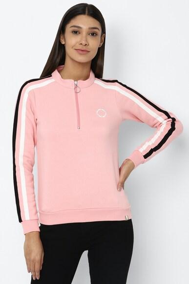 women pink stripe stylized neck sweatshirt