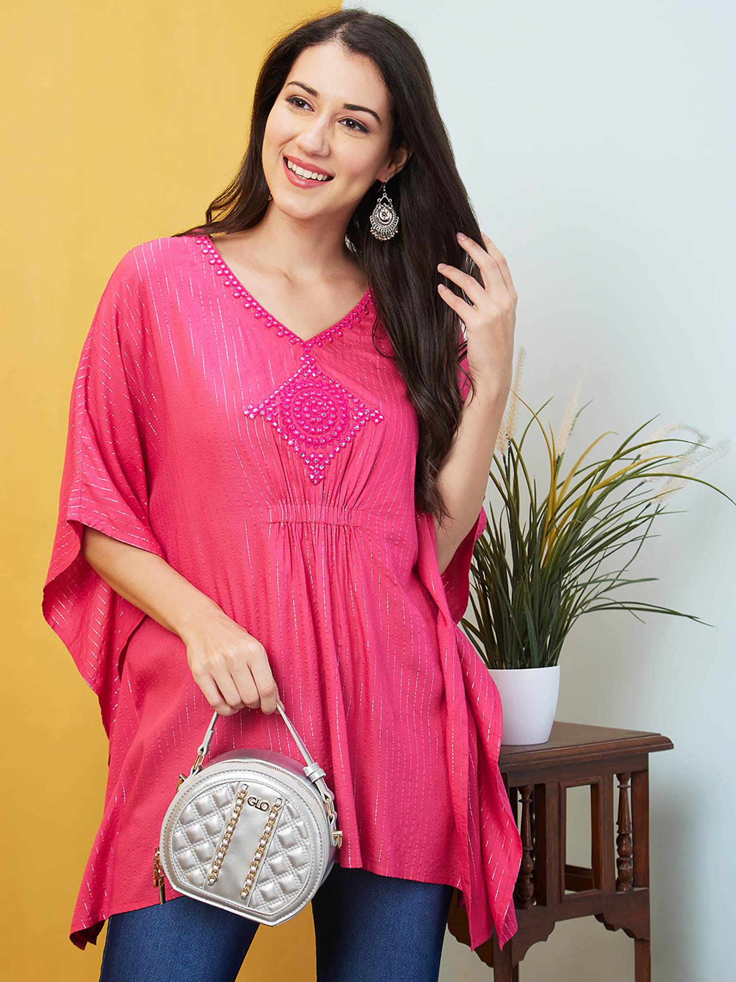 women pink striped mirror work v- neck pure cotton kaftan tunic