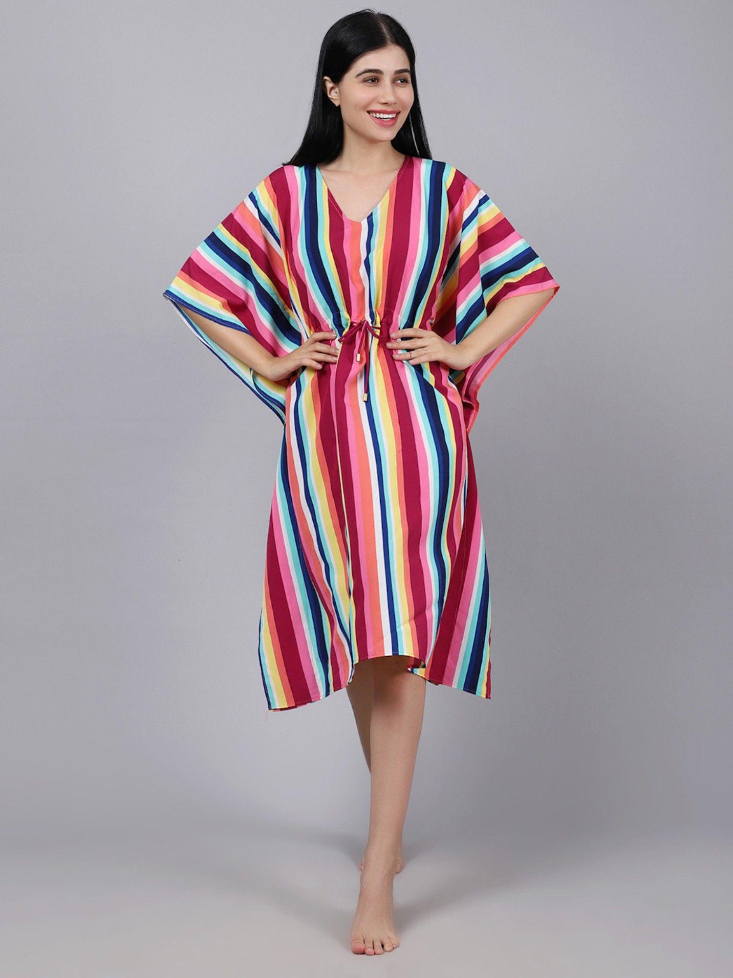 women pink striped printed beachwear kaftan coverup