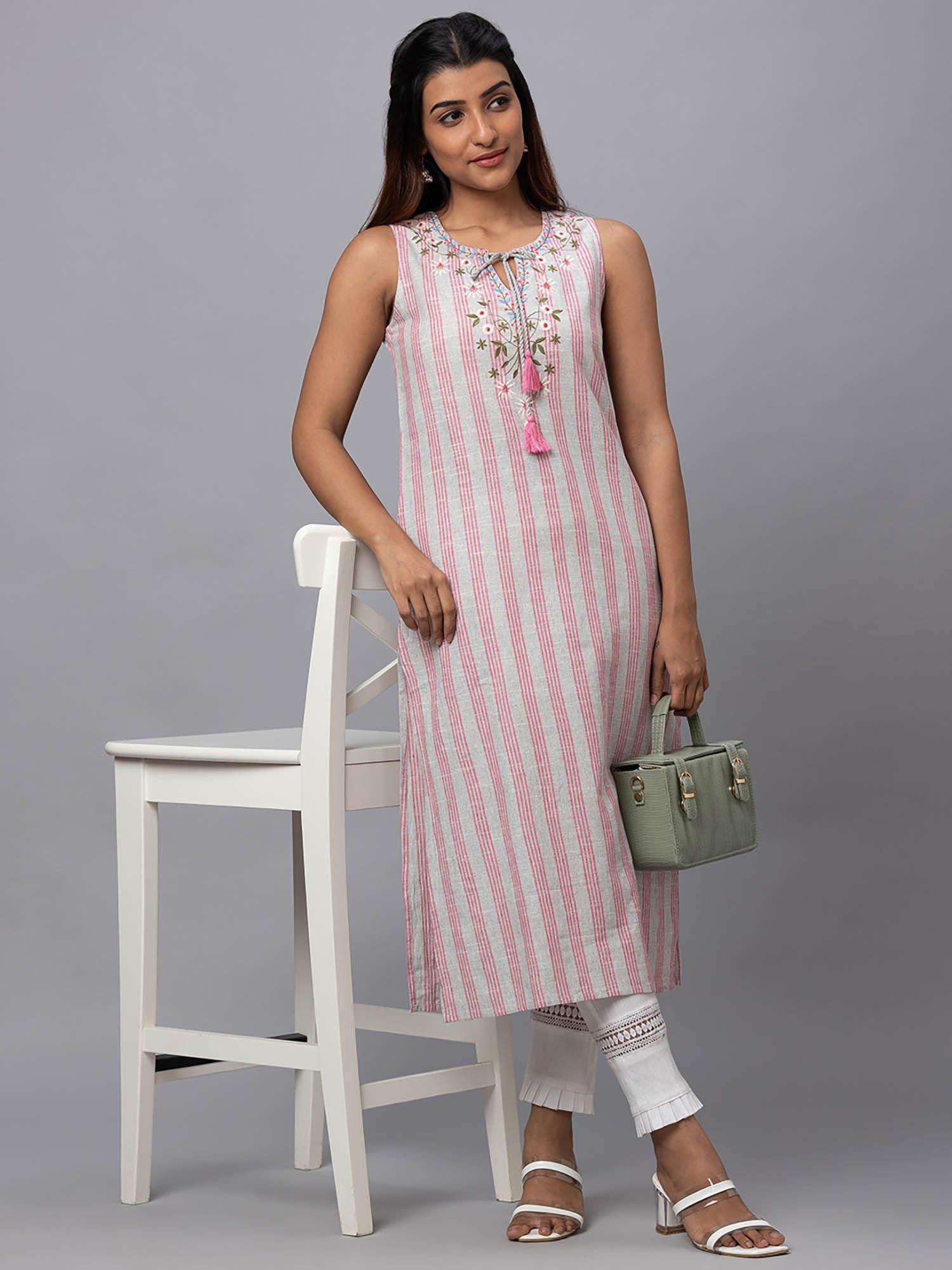 women pink striped round tie-up neck sleeveless yarn dyed kurta